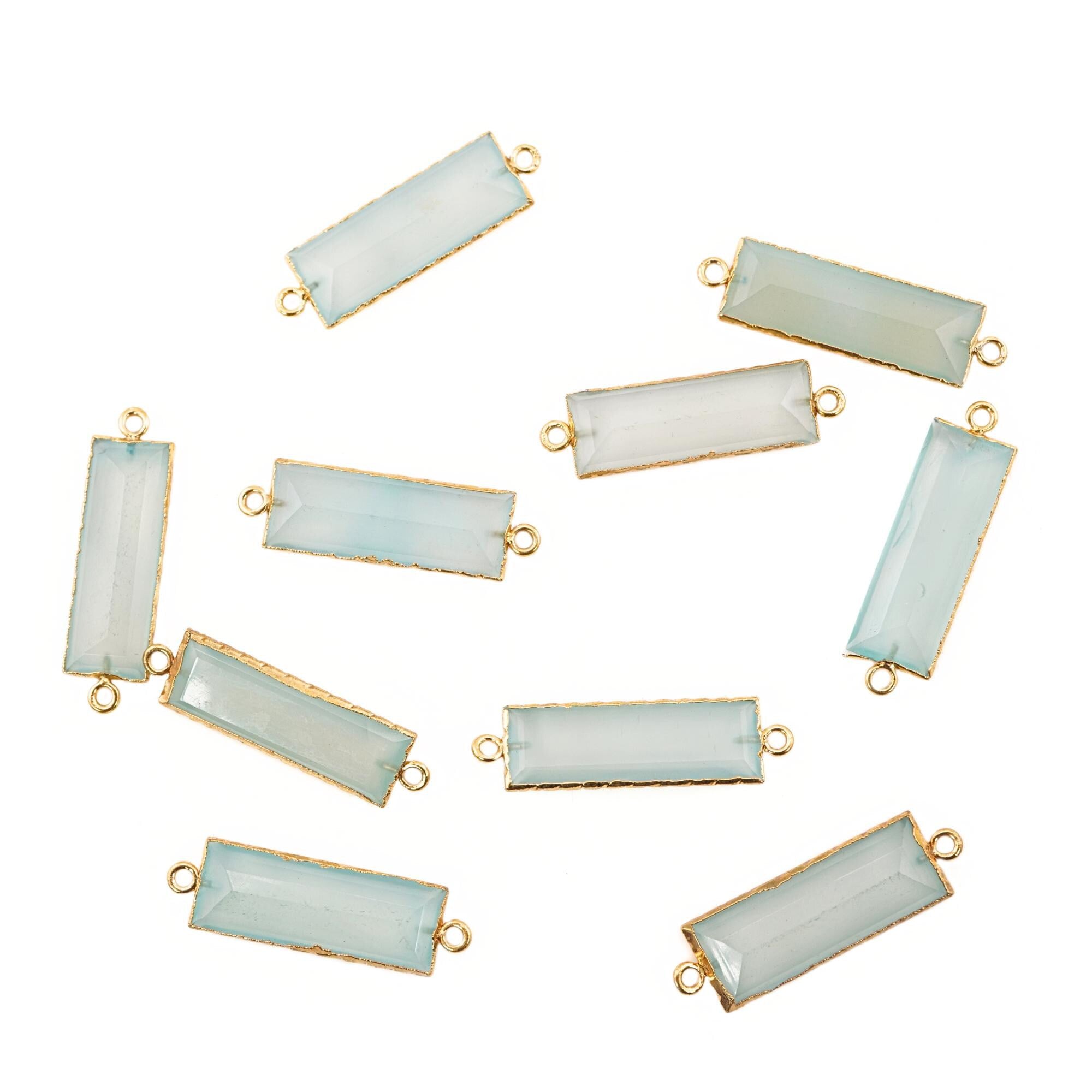 Aqua Chalcedony Rectangle Shape Gemstone Gold Electroplated Charm Connector 