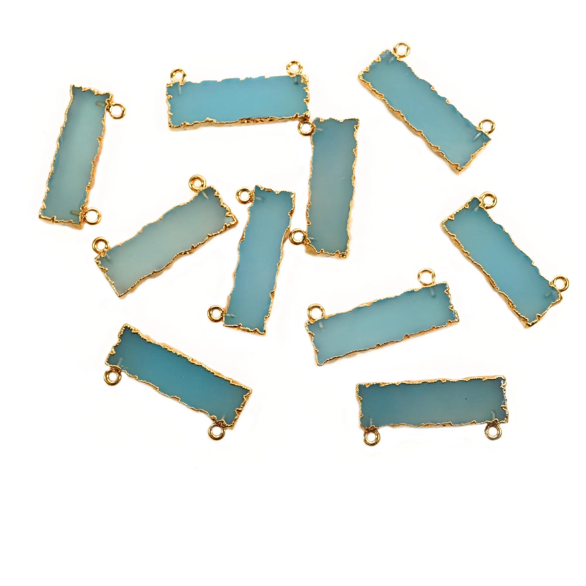 Aqua Chalcedony Rectangle Shape Gemstone Gold Electroplated Two Bails Bar Charm Connector 