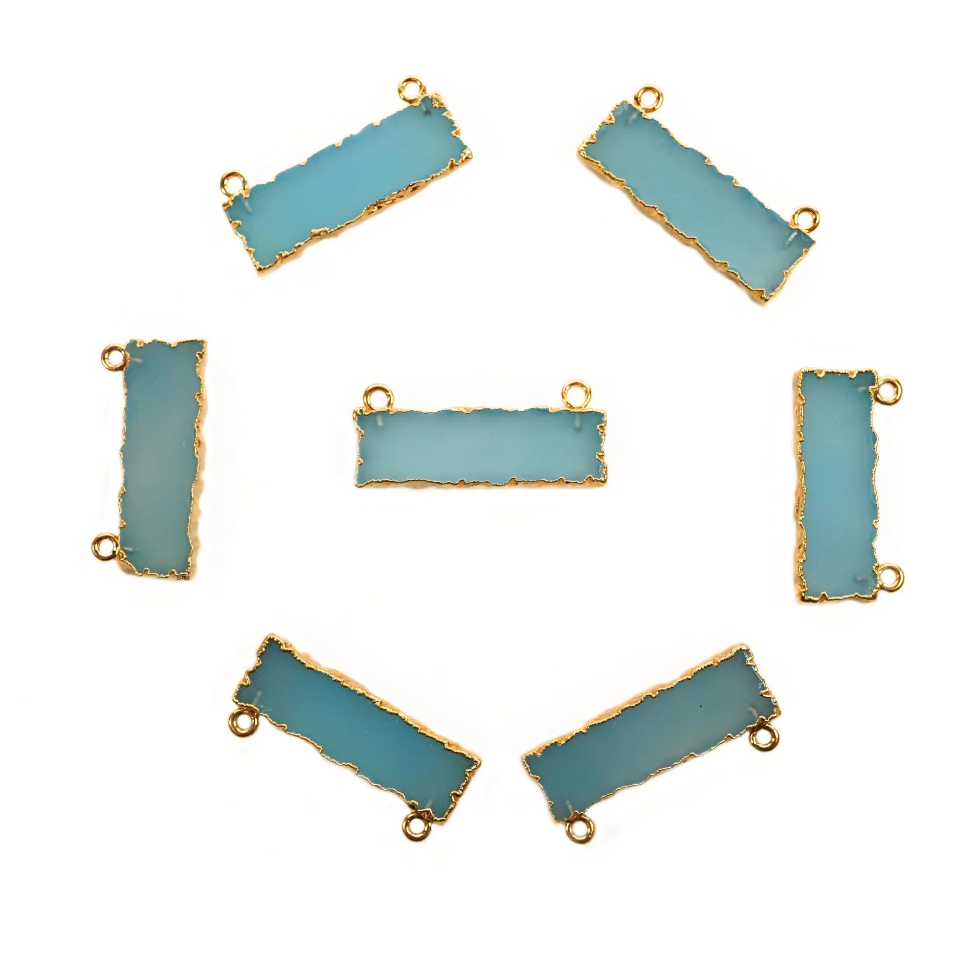 Aqua Chalcedony Rectangle Shape Gemstone Gold Electroplated Two Bails Bar Charm Connector 