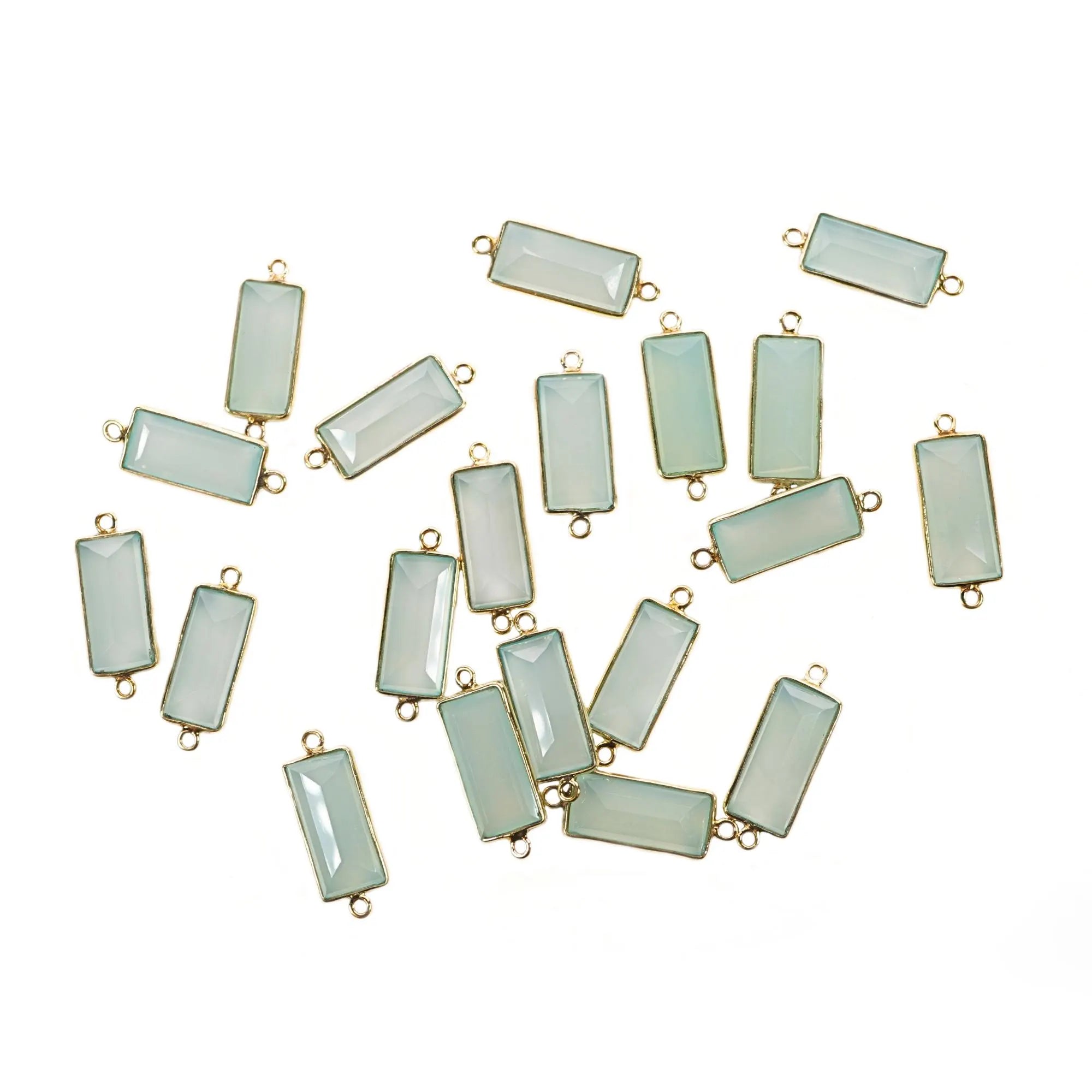 Aqua Chalcedony Rectangle Shape Gemstone Gold Plated Sterling Silver Bezel Charm Connector