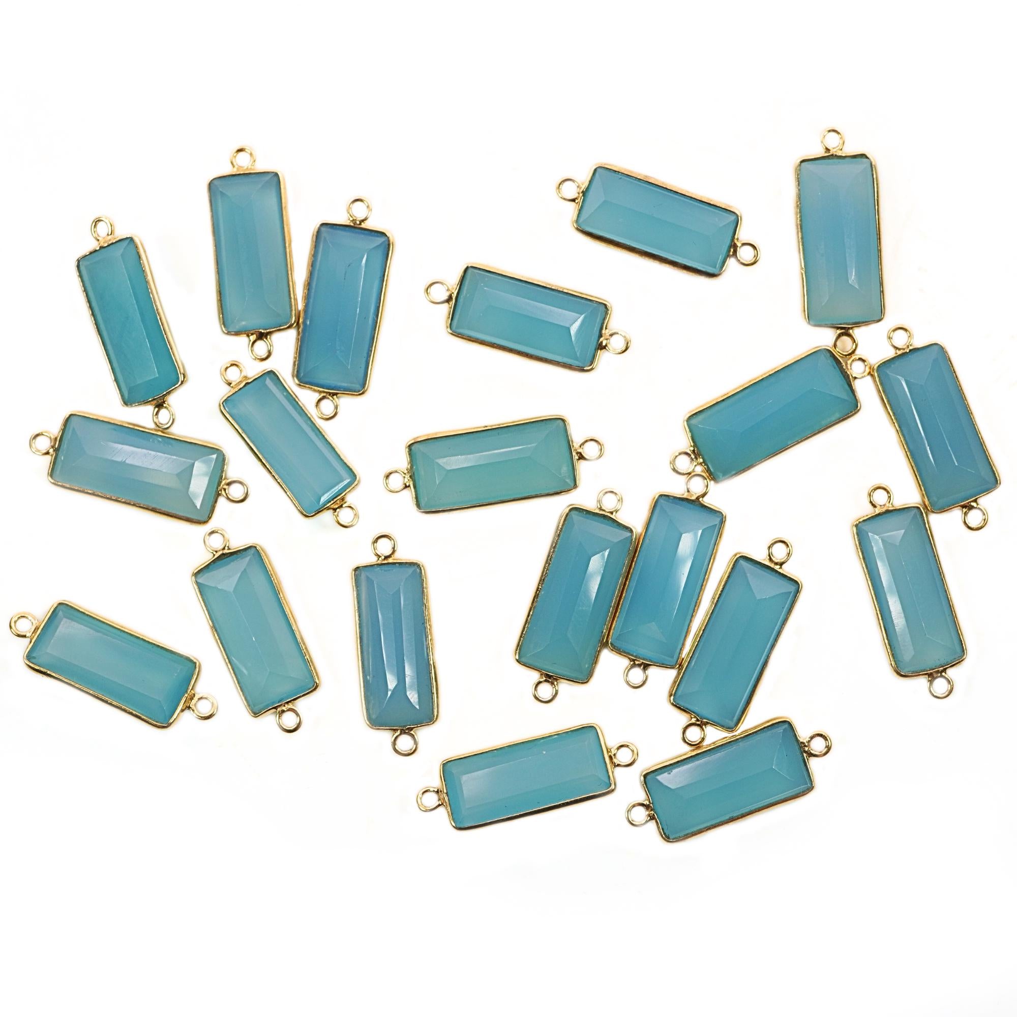 Aqua Chalcedony Rectangle Shape Gemstone Gold Plated Sterling Silver Bezel Charm Connector