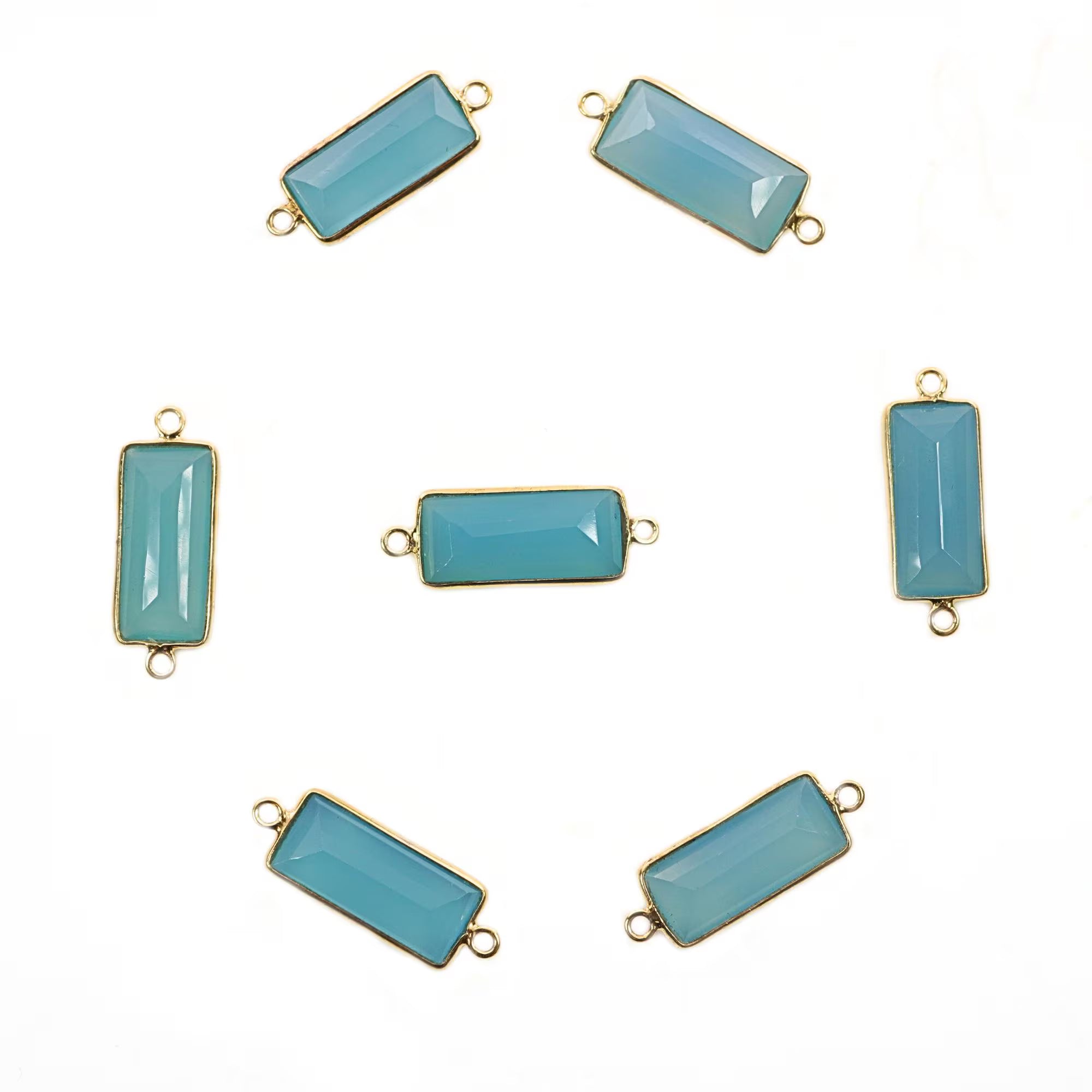 Aqua Chalcedony Rectangle Shape Gemstone Gold Plated Sterling Silver Bezel Charm Connector