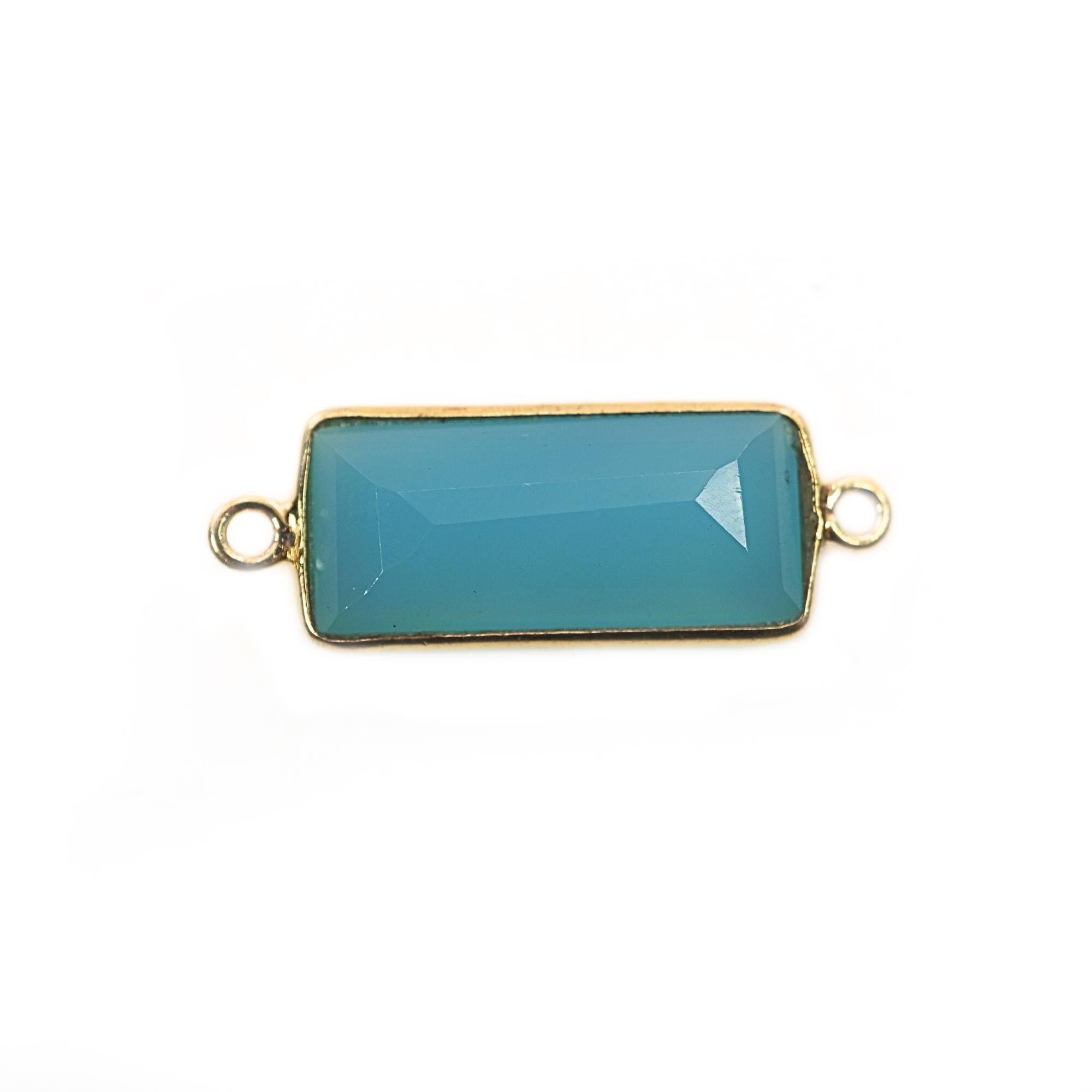 Aqua Chalcedony Rectangle Shape Gemstone Gold Plated Sterling Silver Bezel Charm Connector
