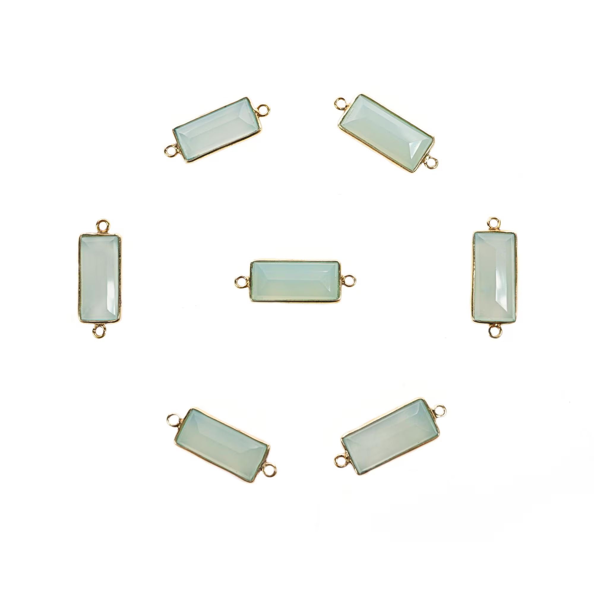 Aqua Chalcedony Rectangle Shape Gemstone Gold Plated Sterling Silver Bezel Charm Connector