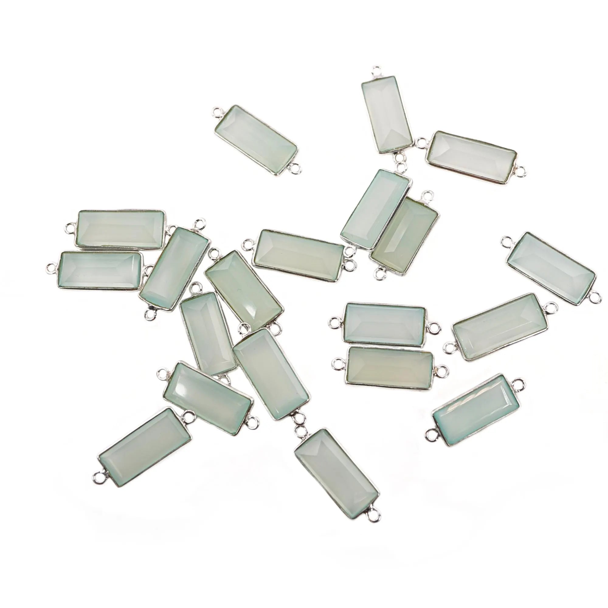 Aqua Chalcedony Rectangle Shape Gemstone Sterling Silver Bezel Charm Connector