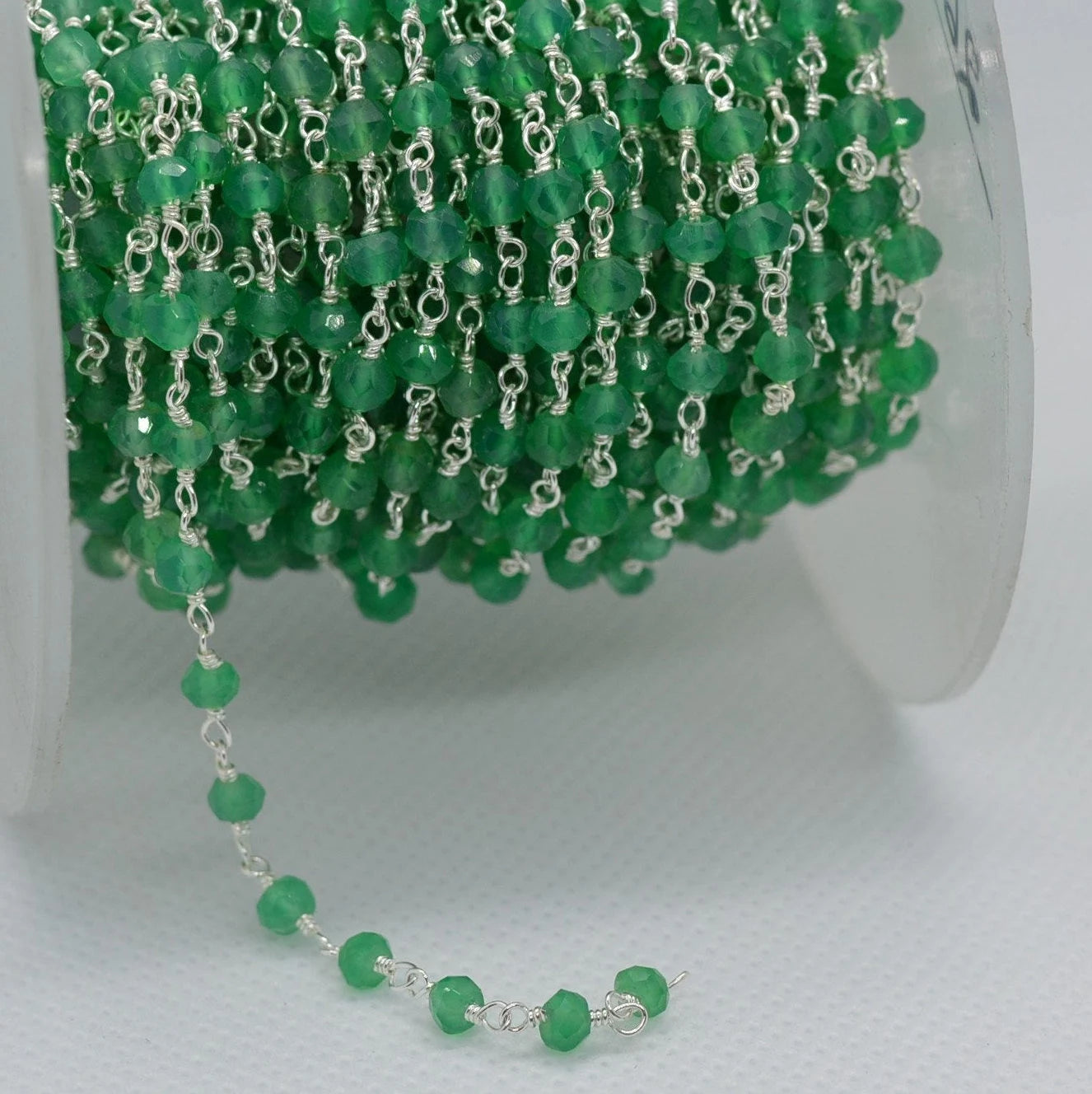 Green Onyx Gemstone Silver Plated Brass Wire Wrapped Rosary Chain 