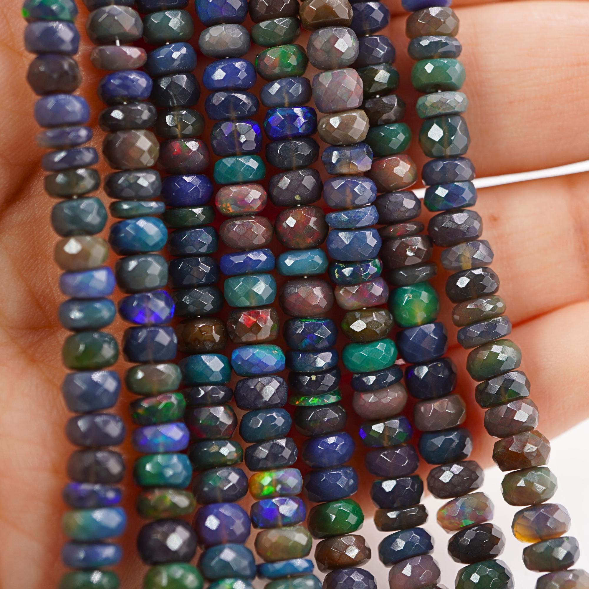 Black Ethiopian Opal Faceted Rondelle Shape Gemstone Beads