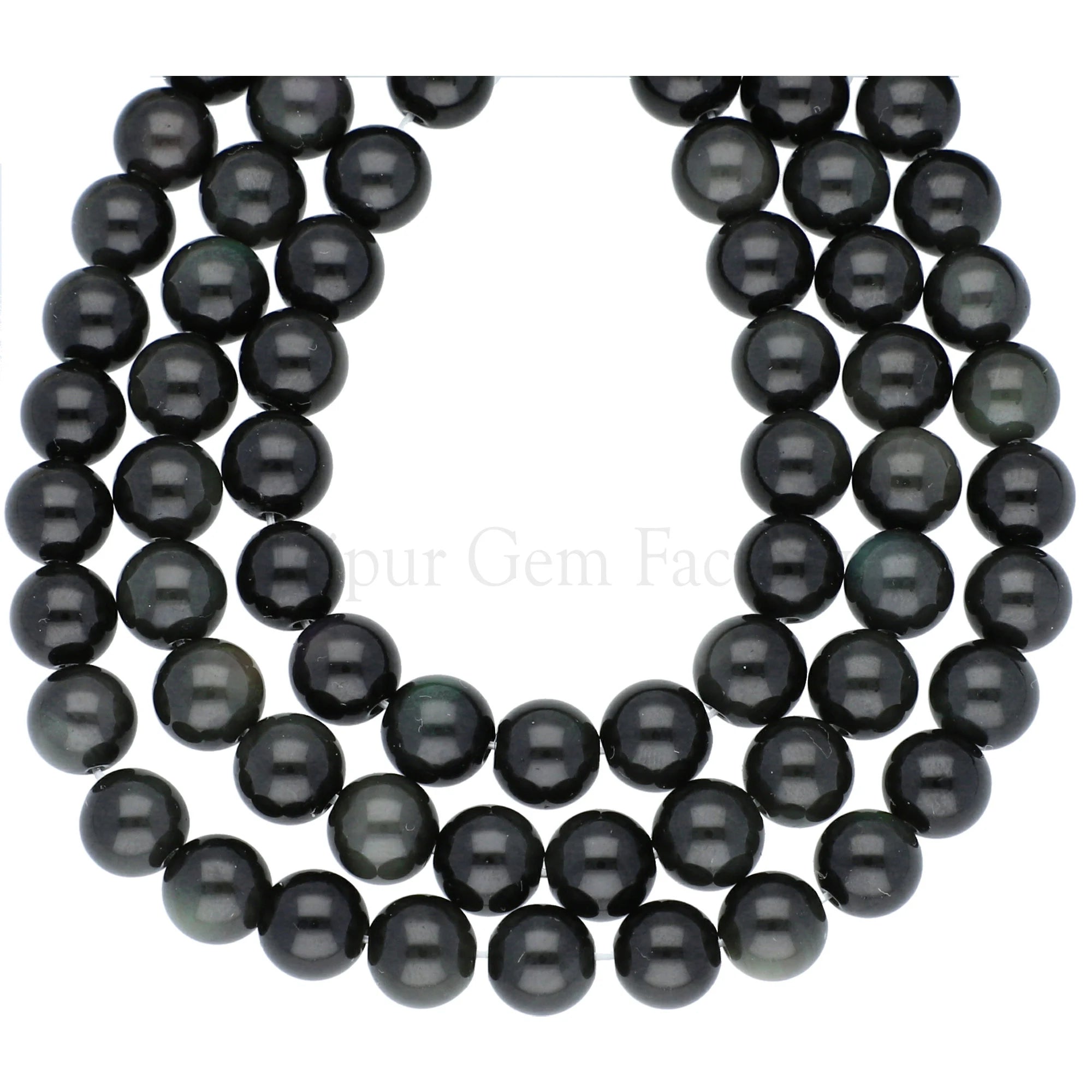 Black Obsidian With Rainbow Silver Sheen Smooth Round Strand Beads 