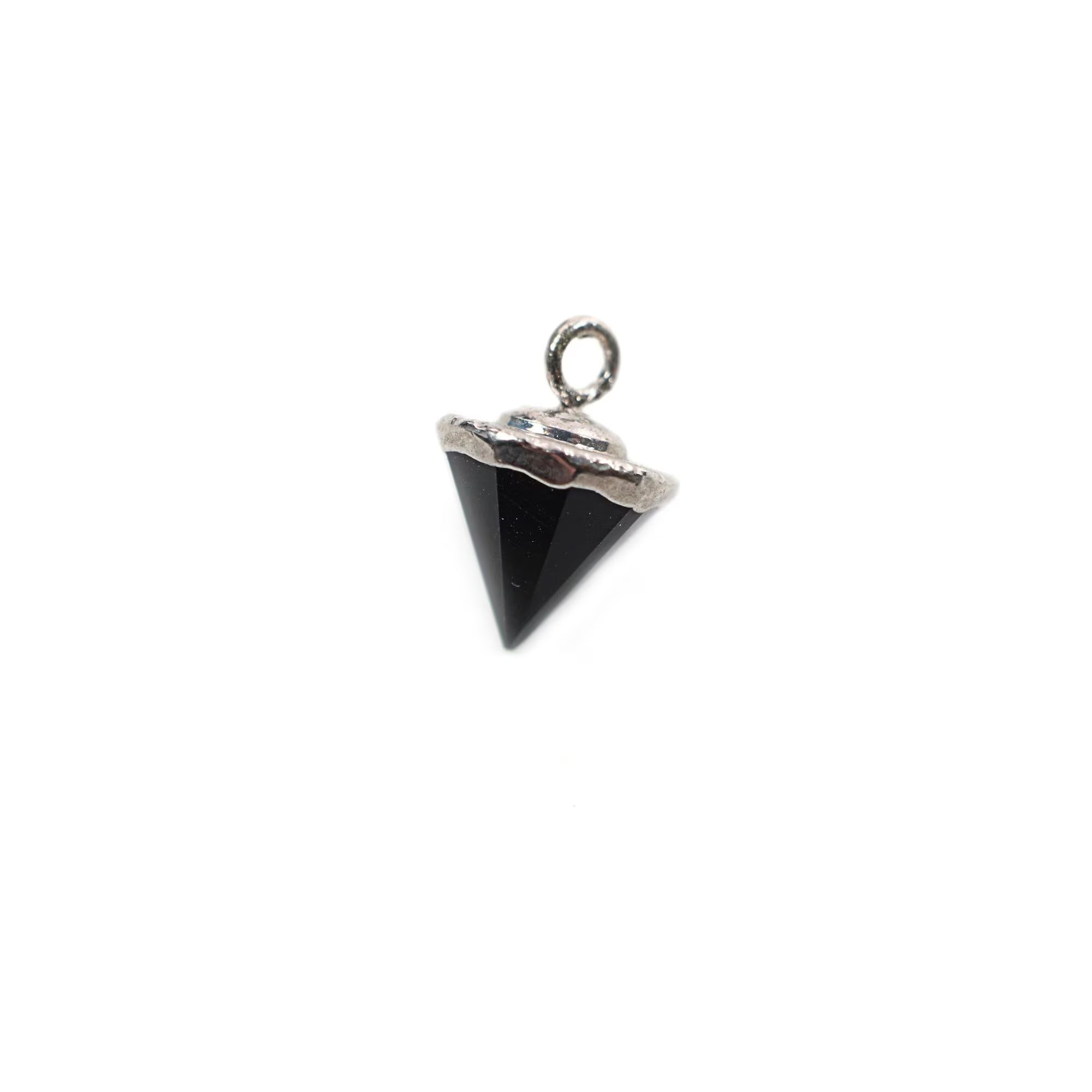 Black Onyx Pointed Cone Gemstone Silver Electroplated Charm Pendant 