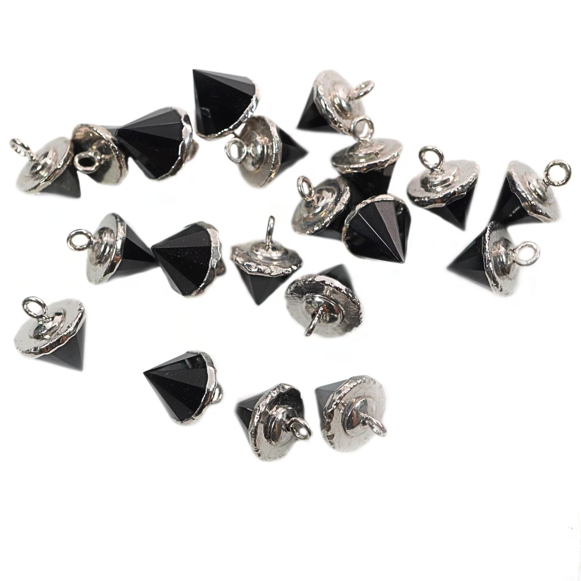 Black Onyx Pointed Cone Gemstone Silver Electroplated Charm Pendant 