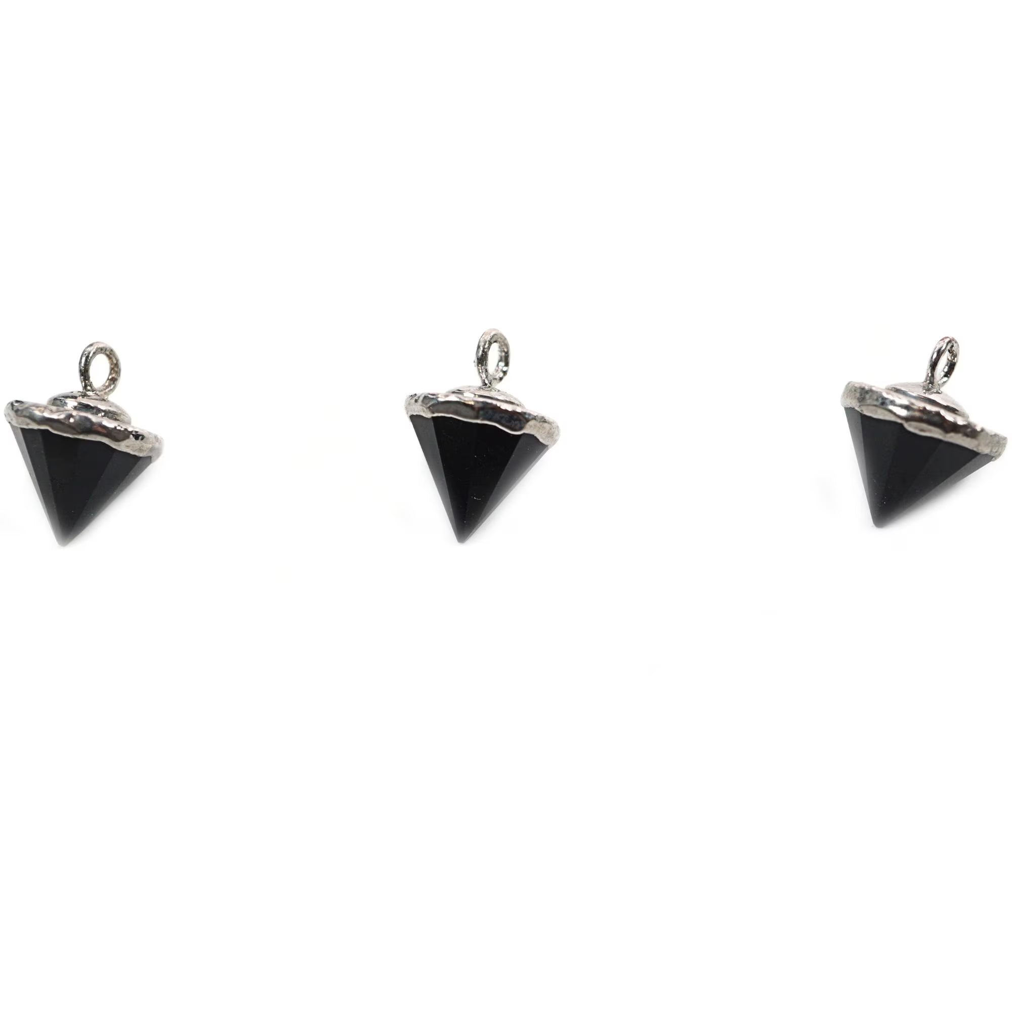 Black Onyx Pointed Cone Gemstone Silver Electroplated Charm Pendant 