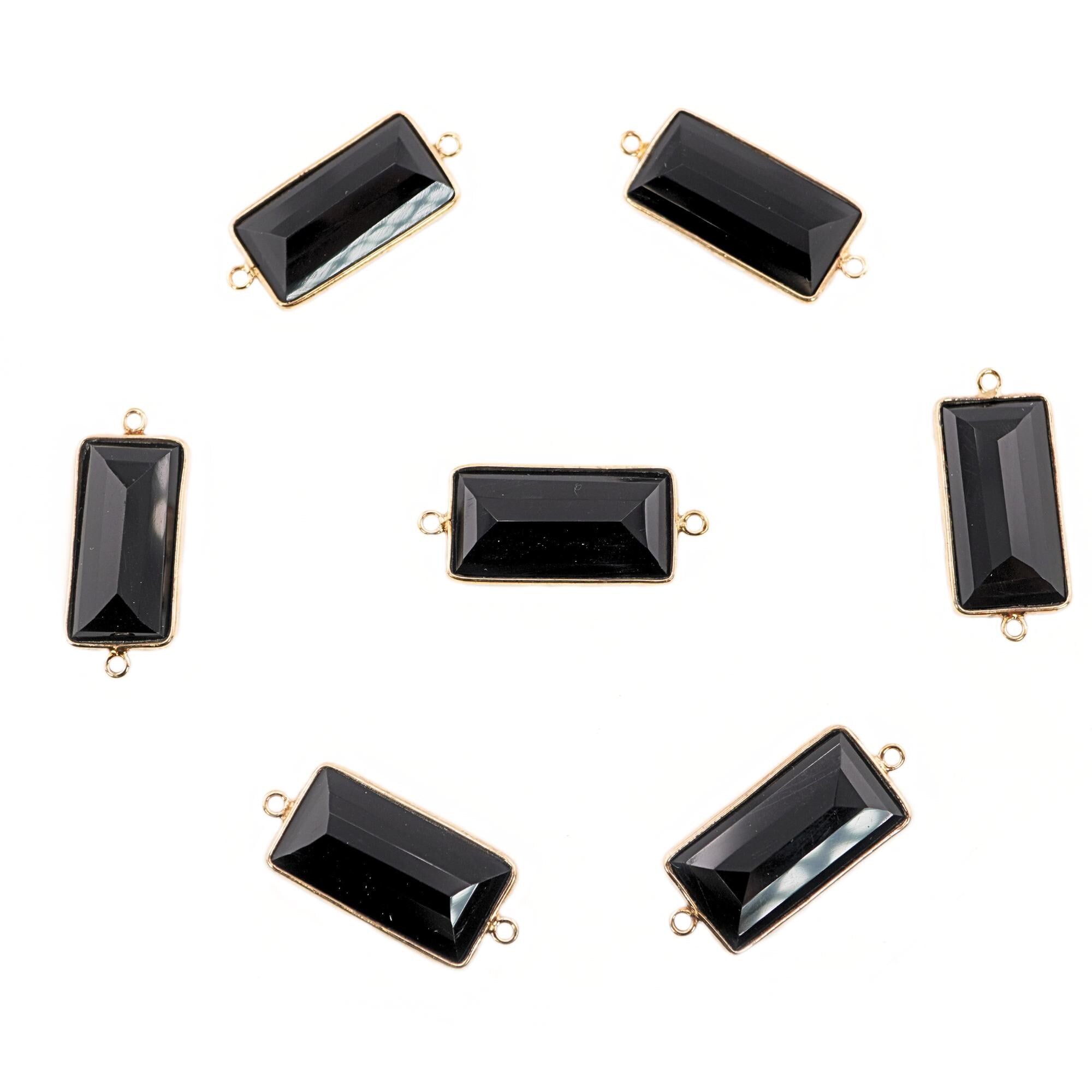 Black Onyx Rectangle Shape Gemstone Gold Plated Sterling Silver Bezel Charm Connector 