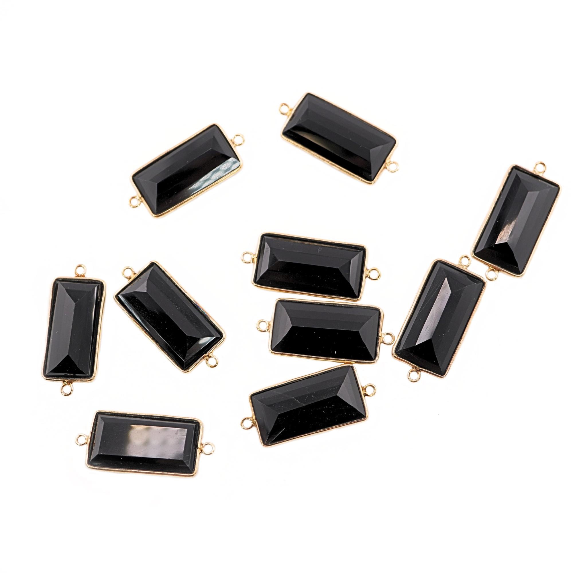 Black Onyx Rectangle Shape Gemstone Gold Plated Sterling Silver Bezel Charm Connector 