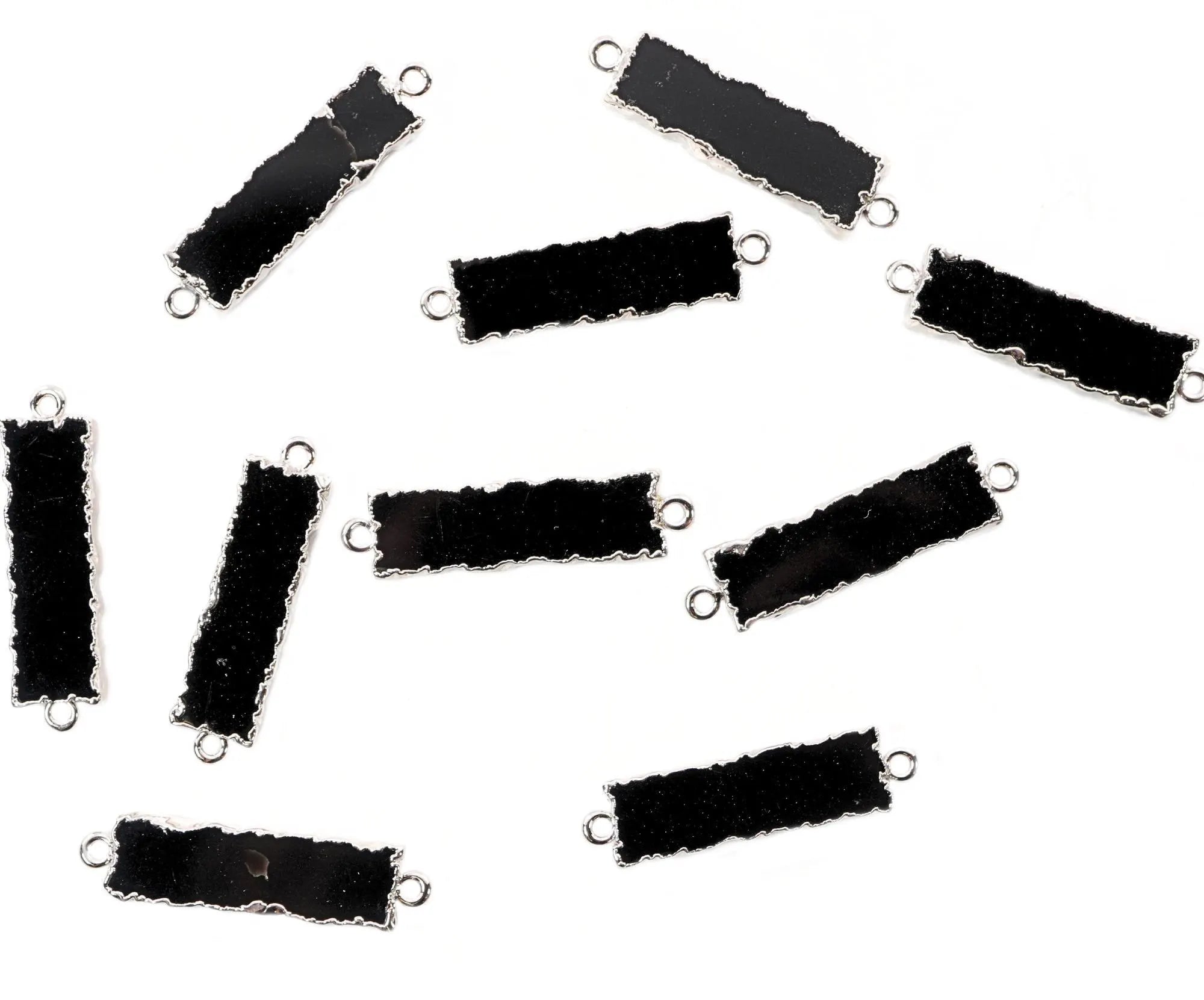 Black Onyx Rectangle Shape Gemstone Silver Electroplated Bar Charm Connector
