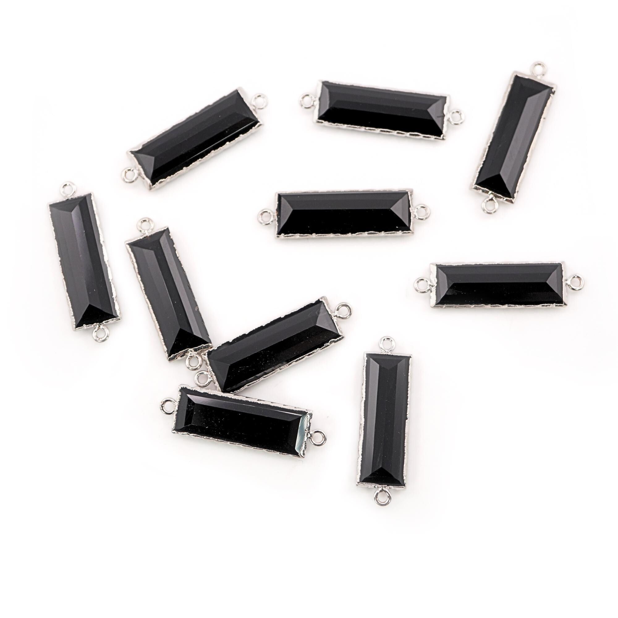 Black Onyx Rectangle Shape Gemstone Silver Electroplated Charm Connector 28 X 10 MM