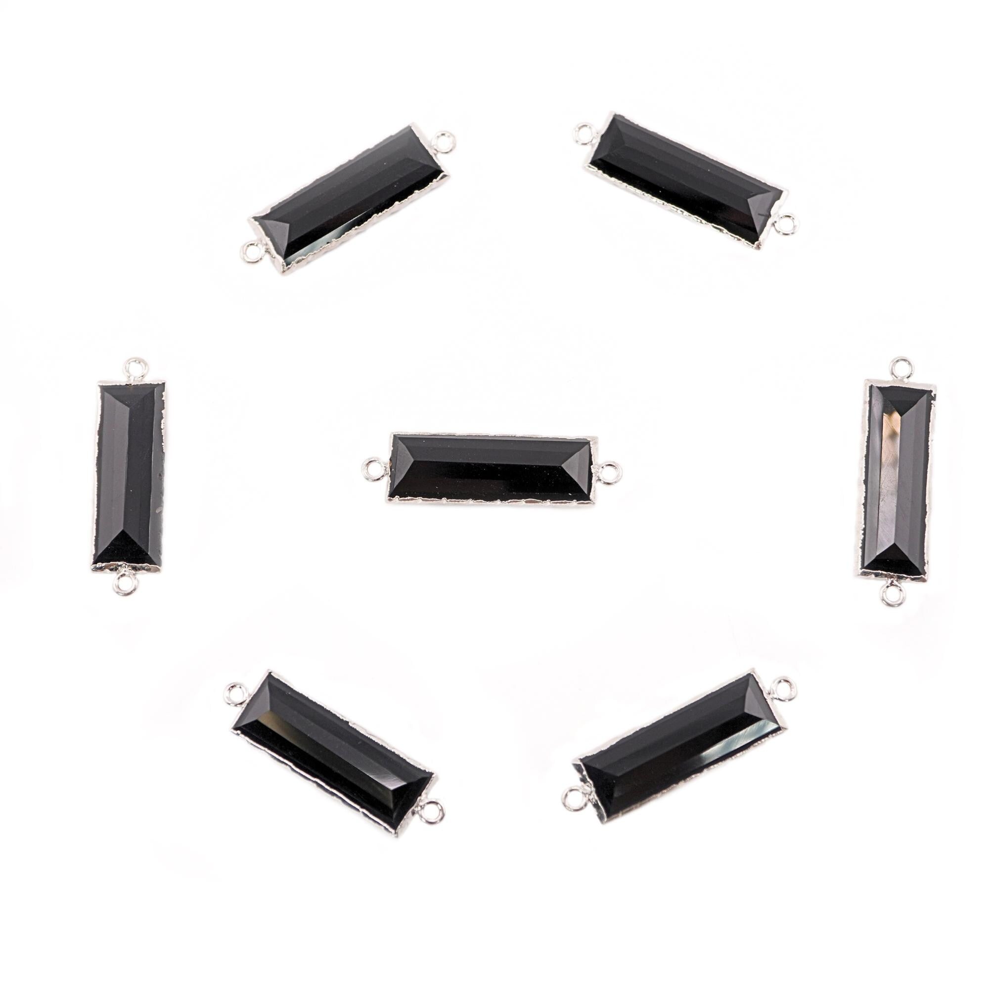 Black Onyx Rectangle Shape Gemstone Silver Electroplated Charm Connector 28 X 10 MM