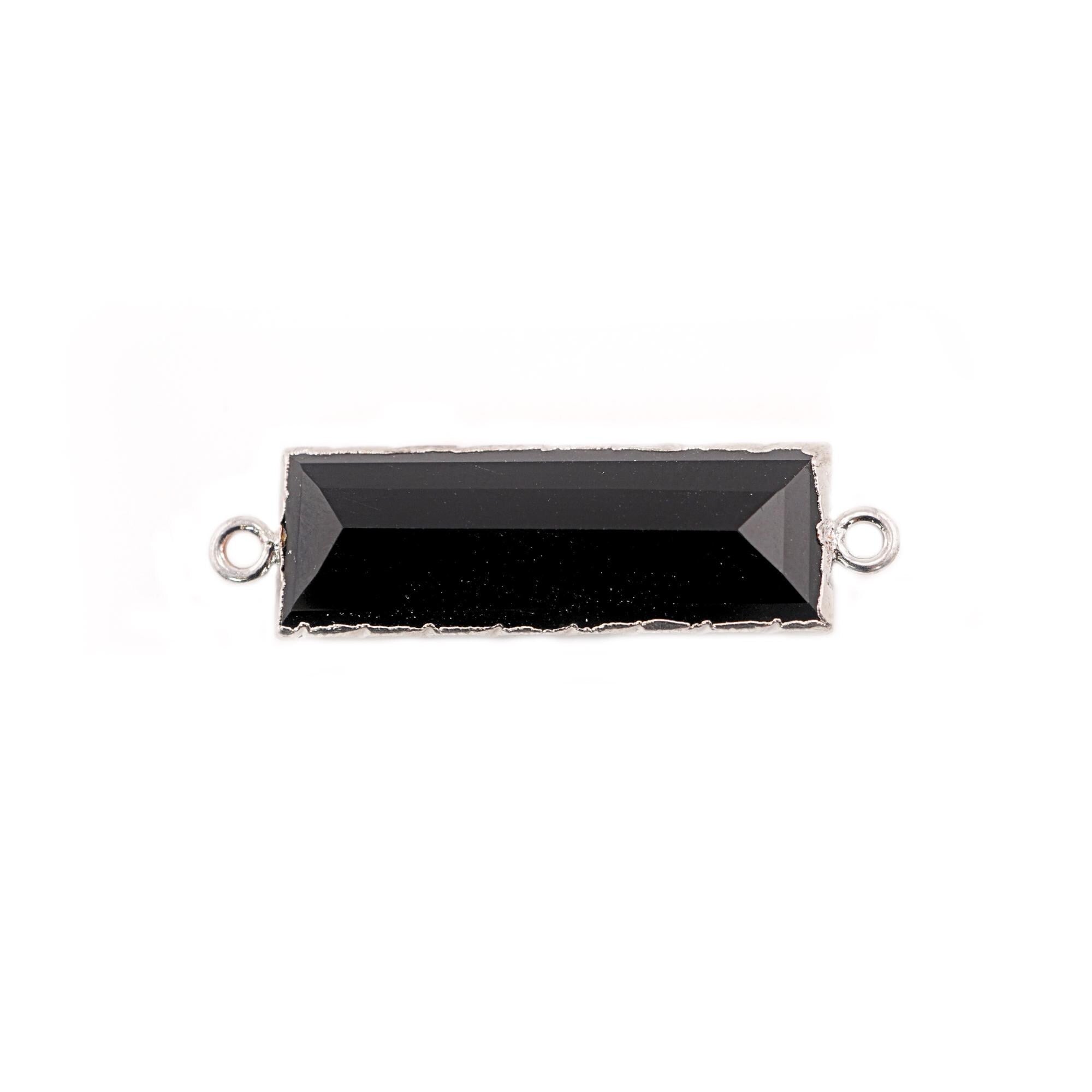 Black Onyx Rectangle Shape Gemstone Silver Electroplated Charm Connector 28 X 10 MM