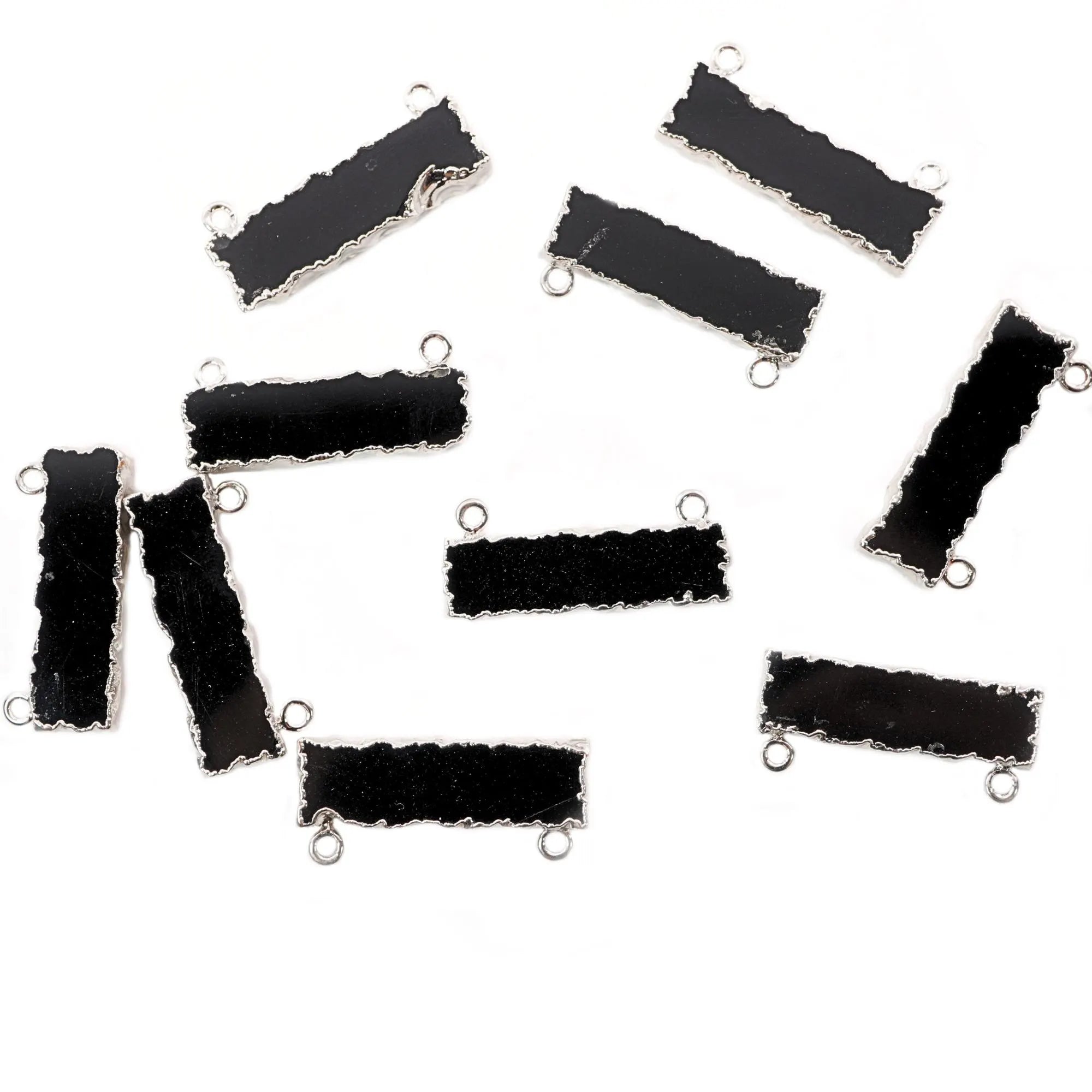 Black Onyx Rectangle Shape Gemstone Silver Electroplated Two Bail Bar Charm Connector 