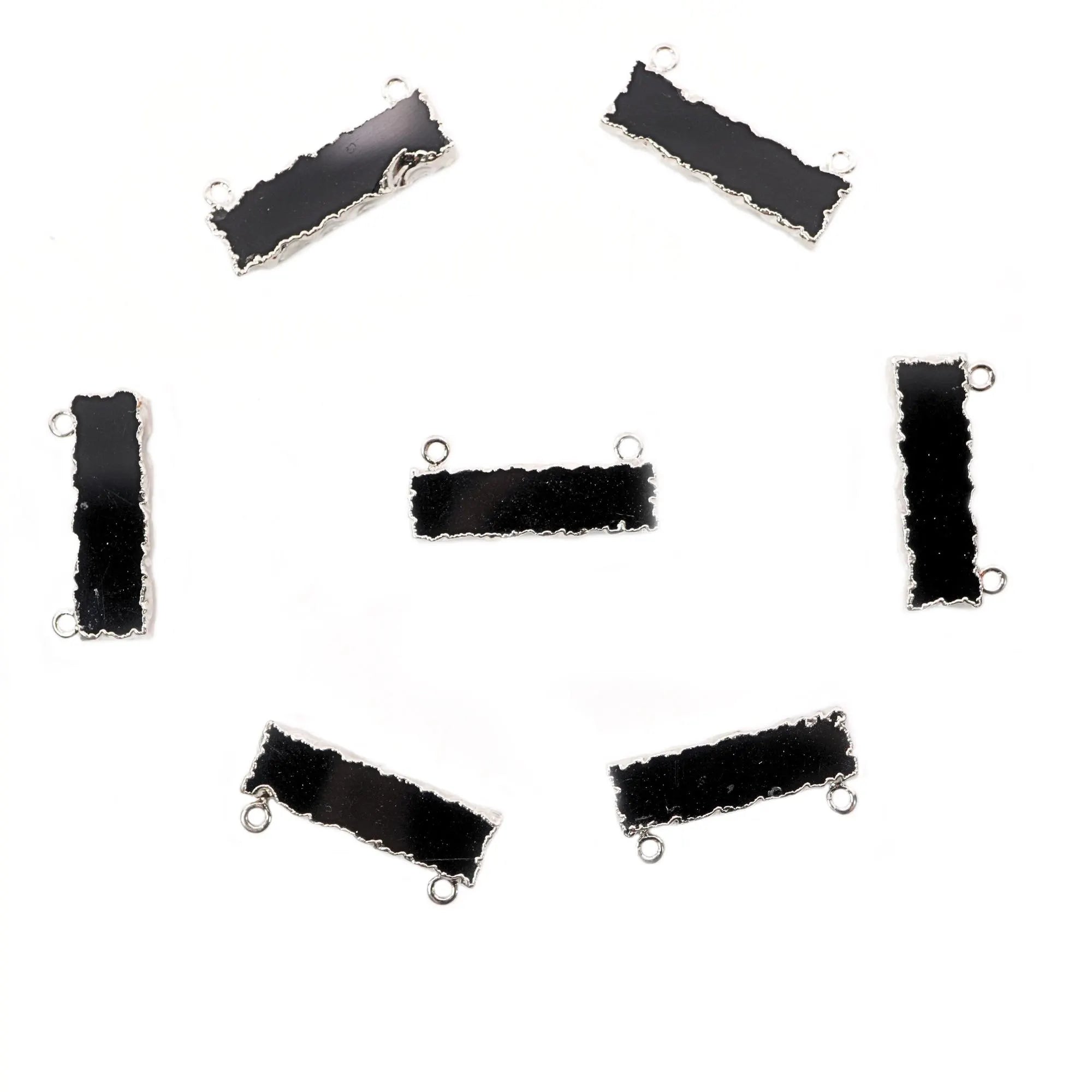 Black Onyx Rectangle Shape Gemstone Silver Electroplated Two Bail Bar Charm Connector 