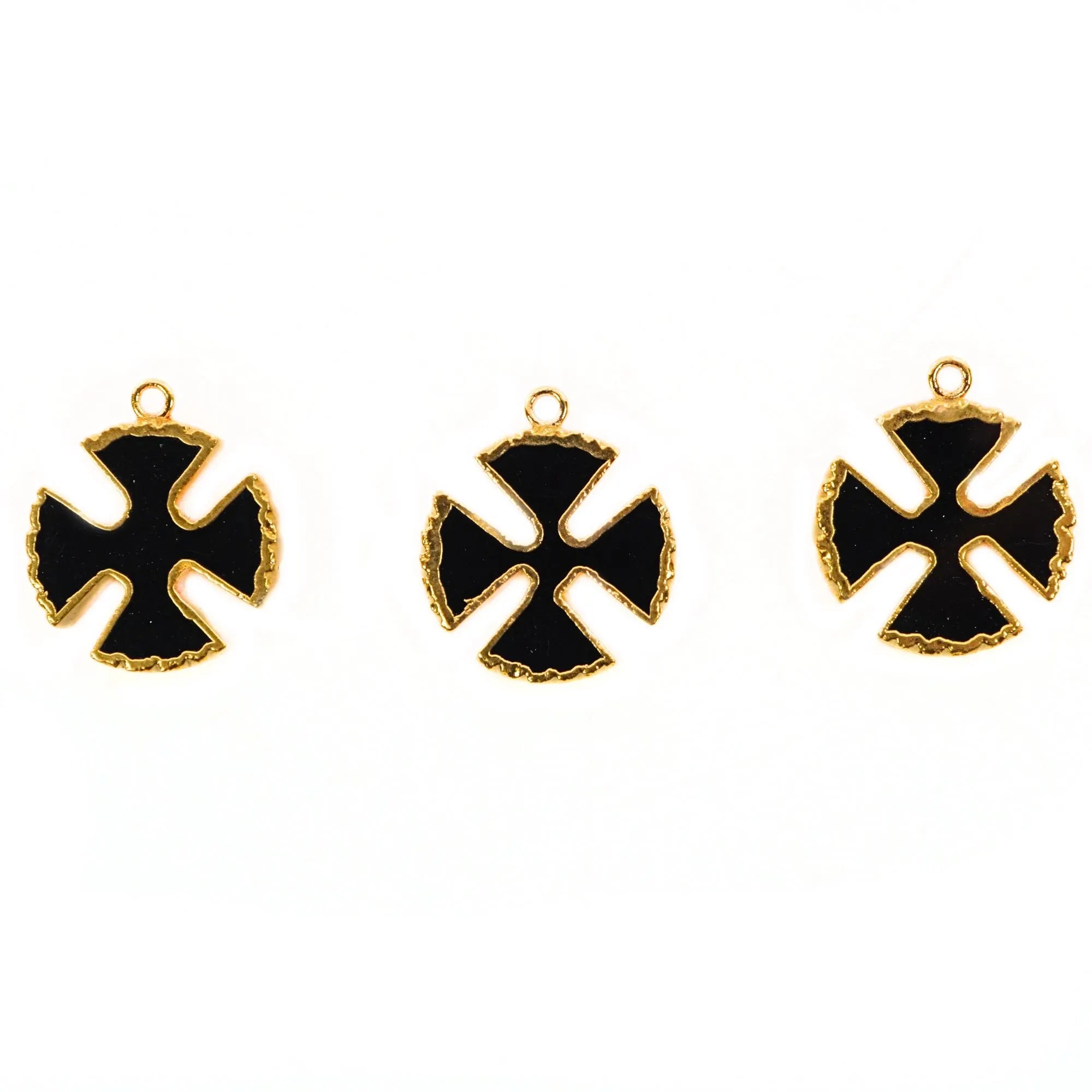 Black Onyx Smooth Viking Cross Shape Gemstone Gold Electroplated Charm Pendant