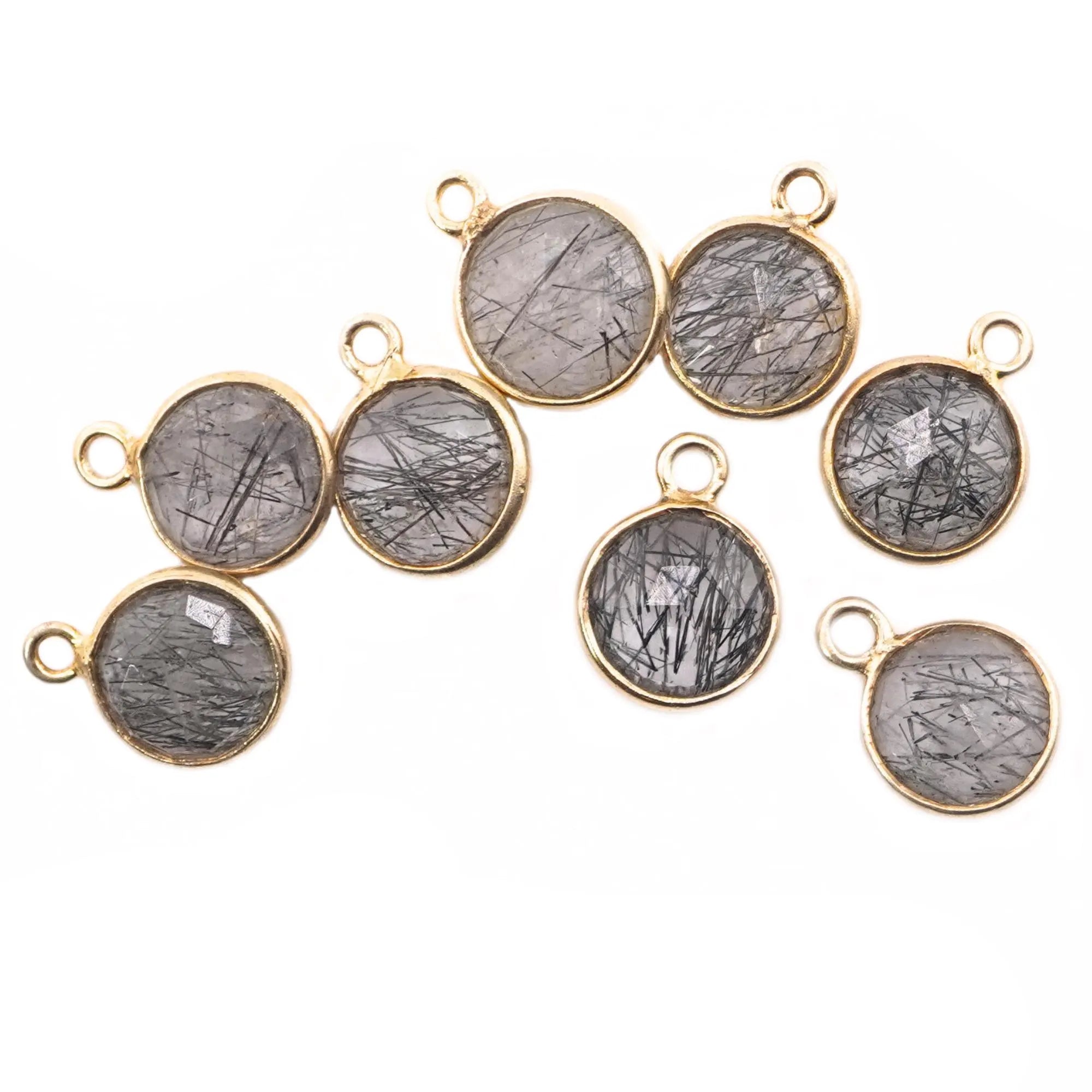 Black Rutile Quartz Coin Shape Gemstone Gold Plated Sterling Silver Bezel Charm Pendant