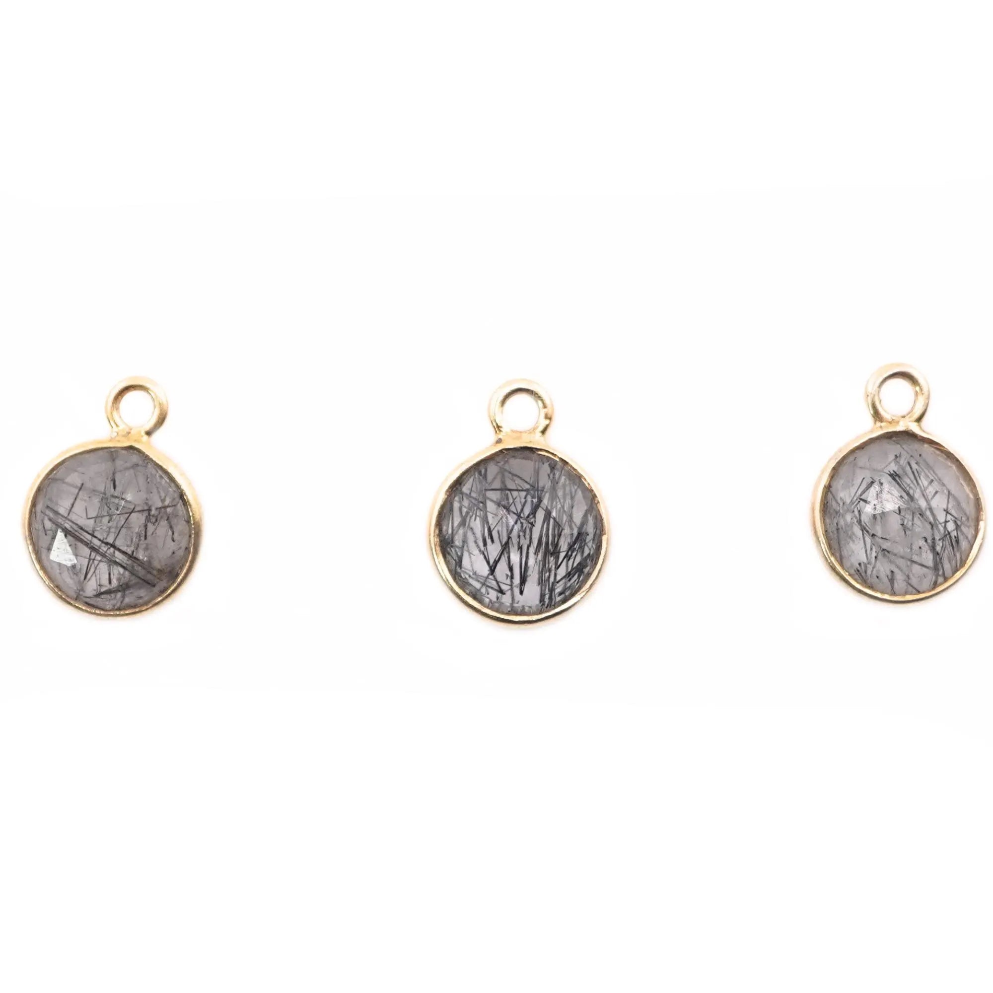 Black Rutile Quartz Coin Shape Gemstone Gold Plated Sterling Silver Bezel Charm Pendant