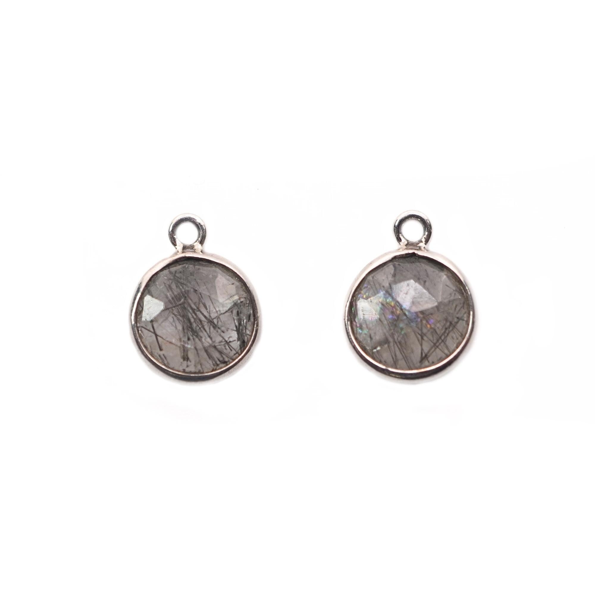 Black Rutile Quartz Coin Shape Gemstone Silver Plated Sterling Silver Bezel Charm Pendant