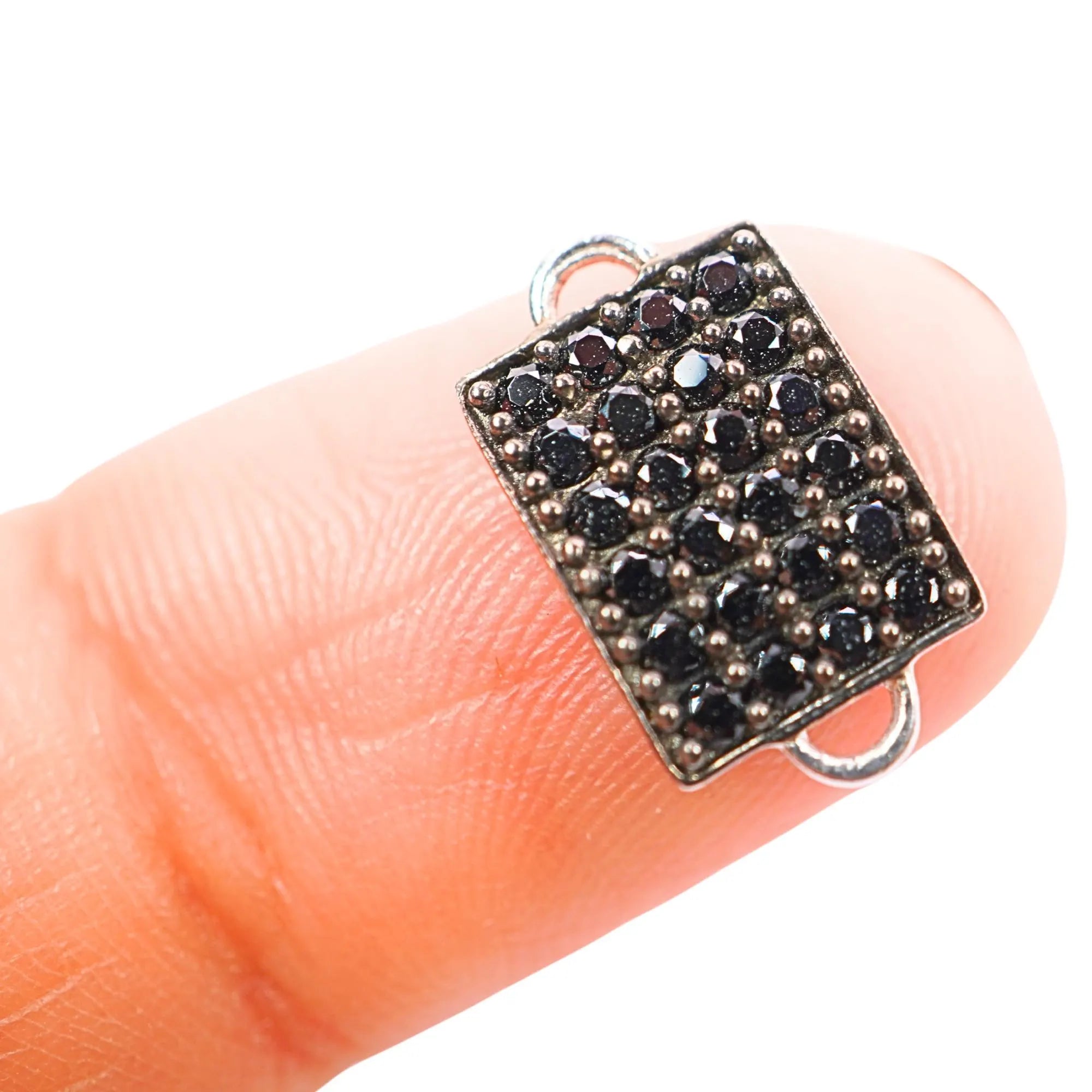 Black Spinel Gemstone Micro Pave Rectangle Shape Sterling Silver Charm Connector