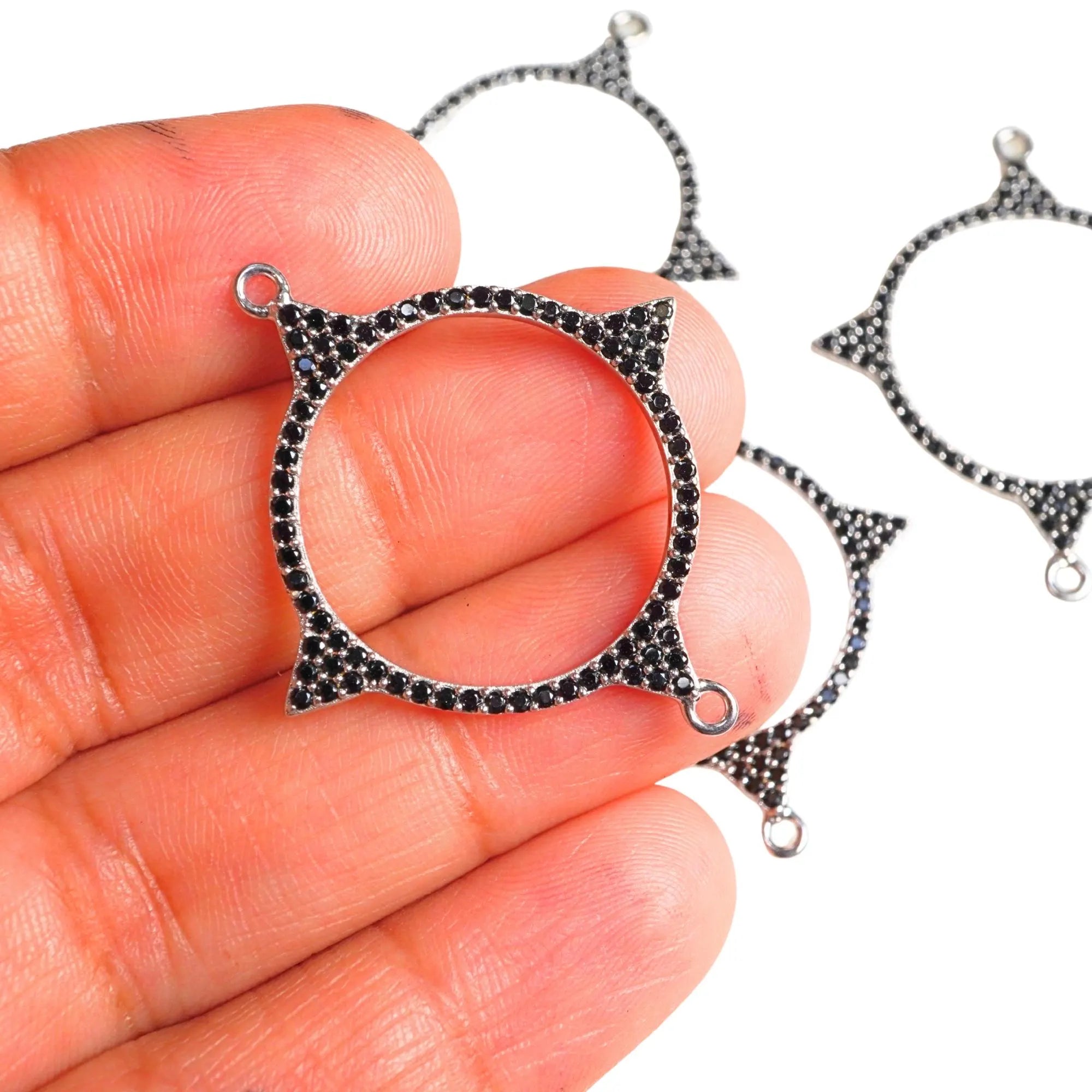 Black Spinel Gemstone Micro Pave Round Shape Sterling Silver Charm Connector