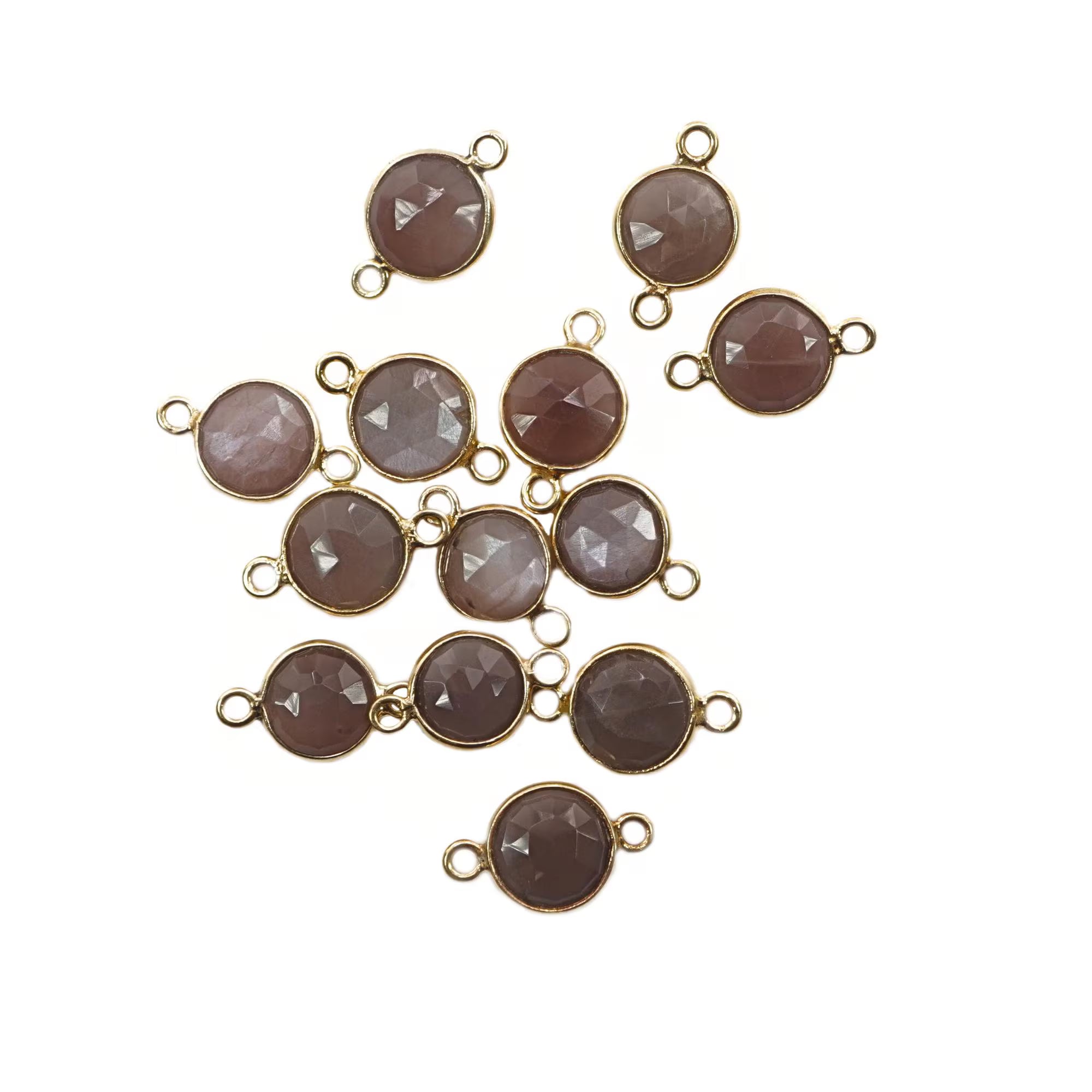Brown Moonstone Coin Shape Gemstone Gold Plated Sterling Silver Bezel Charm Connector 