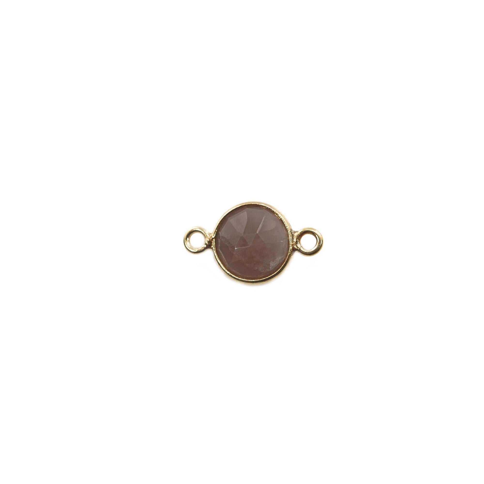 Brown Moonstone Coin Shape Gemstone Gold Plated Sterling Silver Bezel Charm Connector 