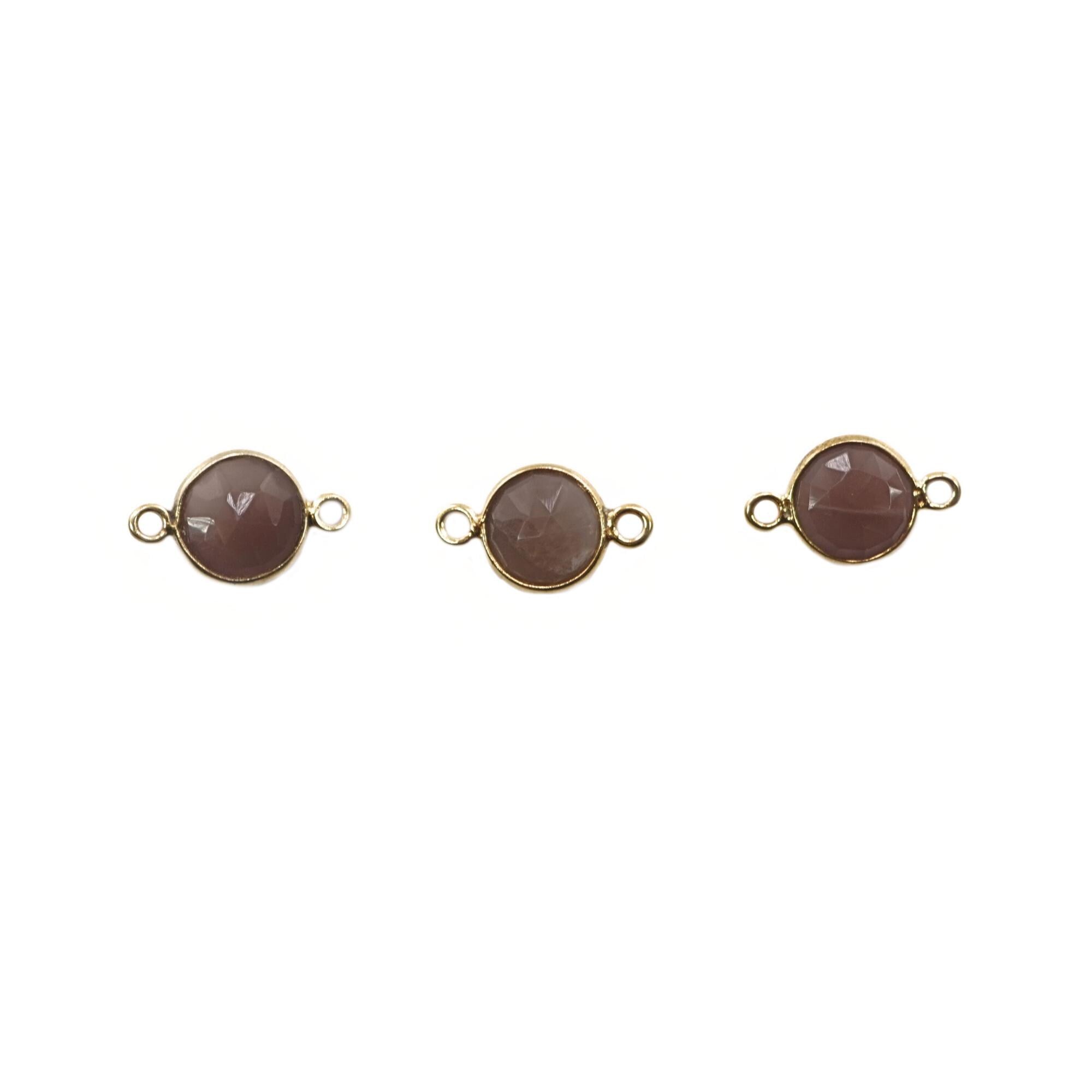 Brown Moonstone Coin Shape Gemstone Gold Plated Sterling Silver Bezel Charm Connector 