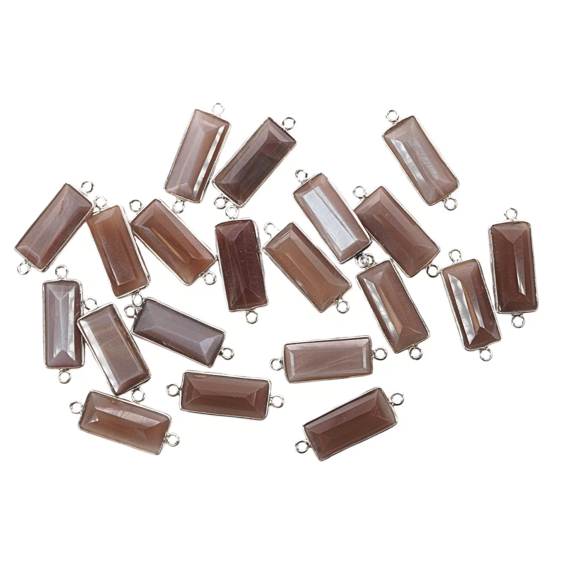 Brown Moonstone Rectangle Shape Gemstone Sterling Silver Bezel Charm Connector 