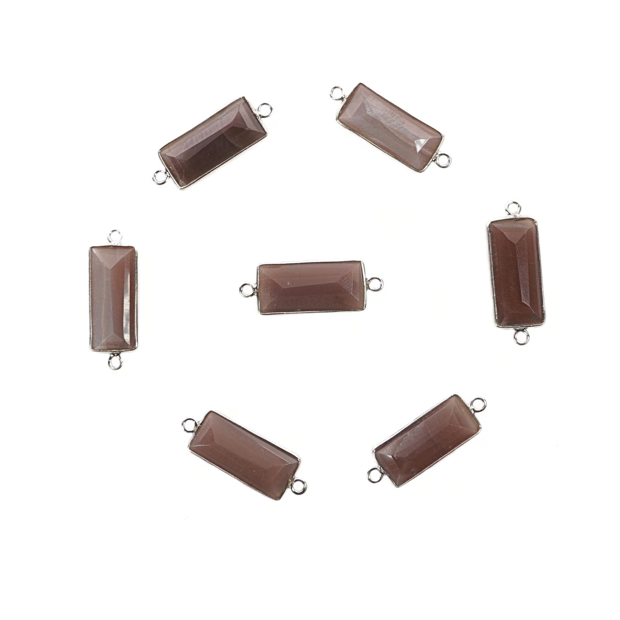 Brown Moonstone Rectangle Shape Gemstone Sterling Silver Bezel Charm Connector 