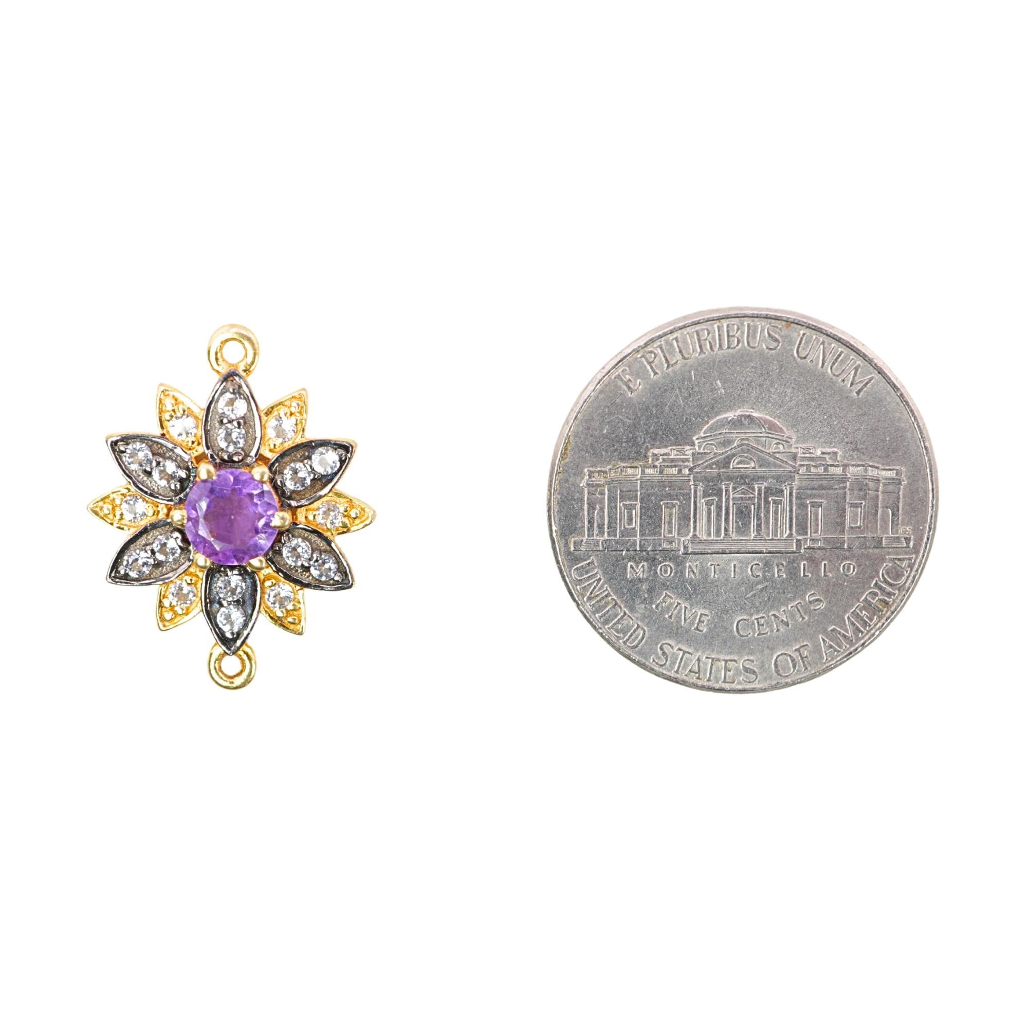 CZ Micro Pave Amethyst Gemstone Flower Charm Connector Sterling Silver Gold Plated