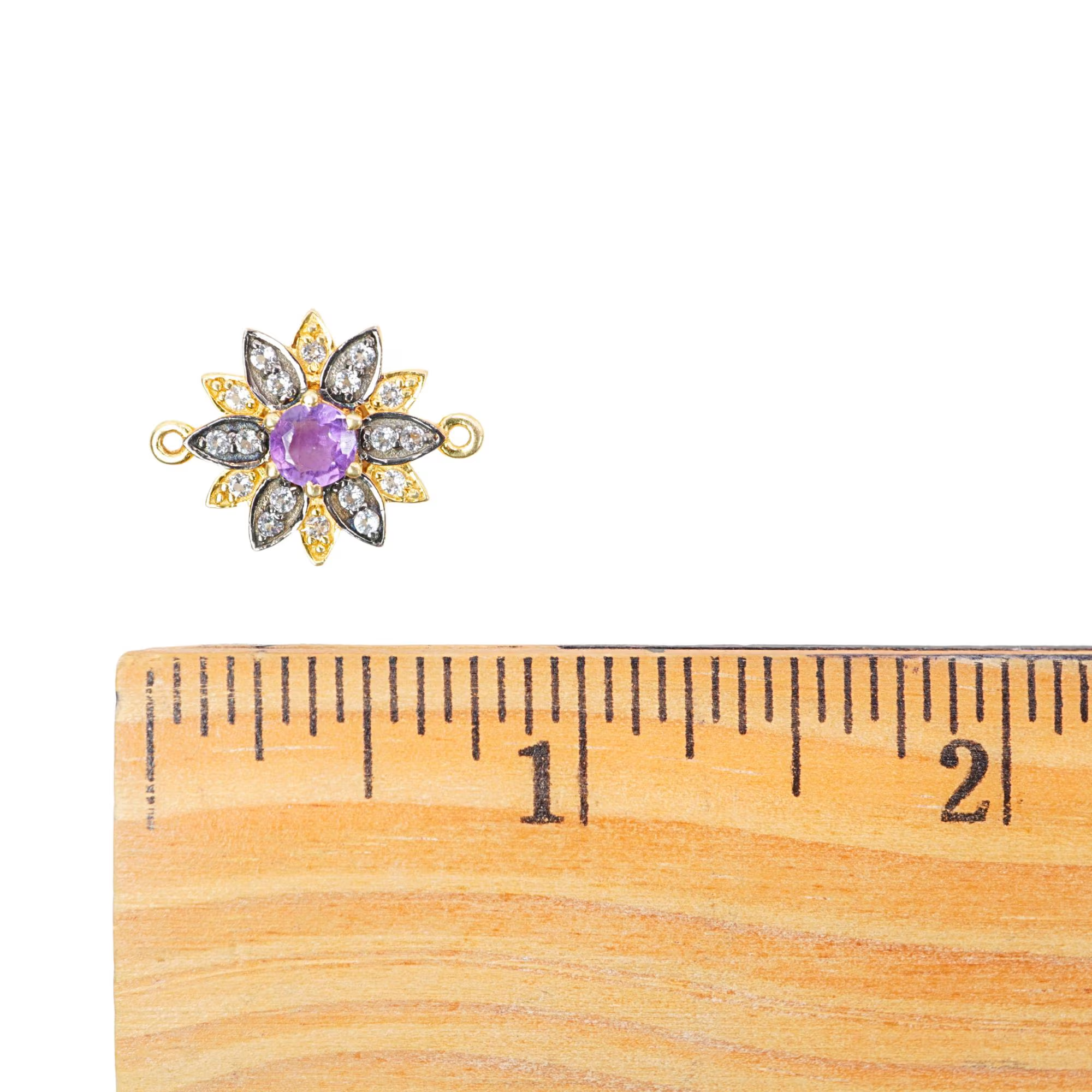 CZ Micro Pave Amethyst Gemstone Flower Charm Connector Sterling Silver Gold Plated