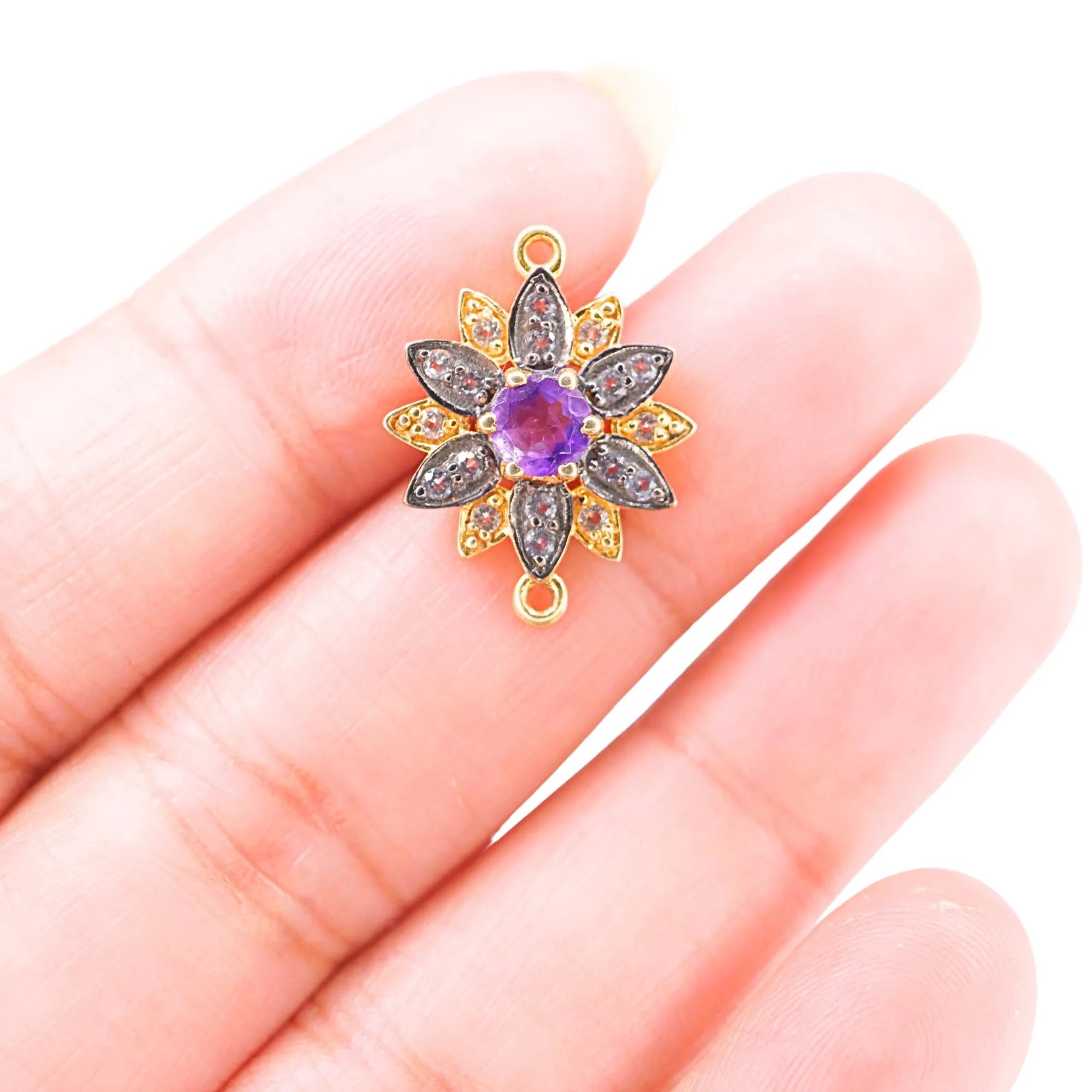CZ Micro Pave Amethyst Gemstone Flower Charm Connector Sterling Silver Gold Plated