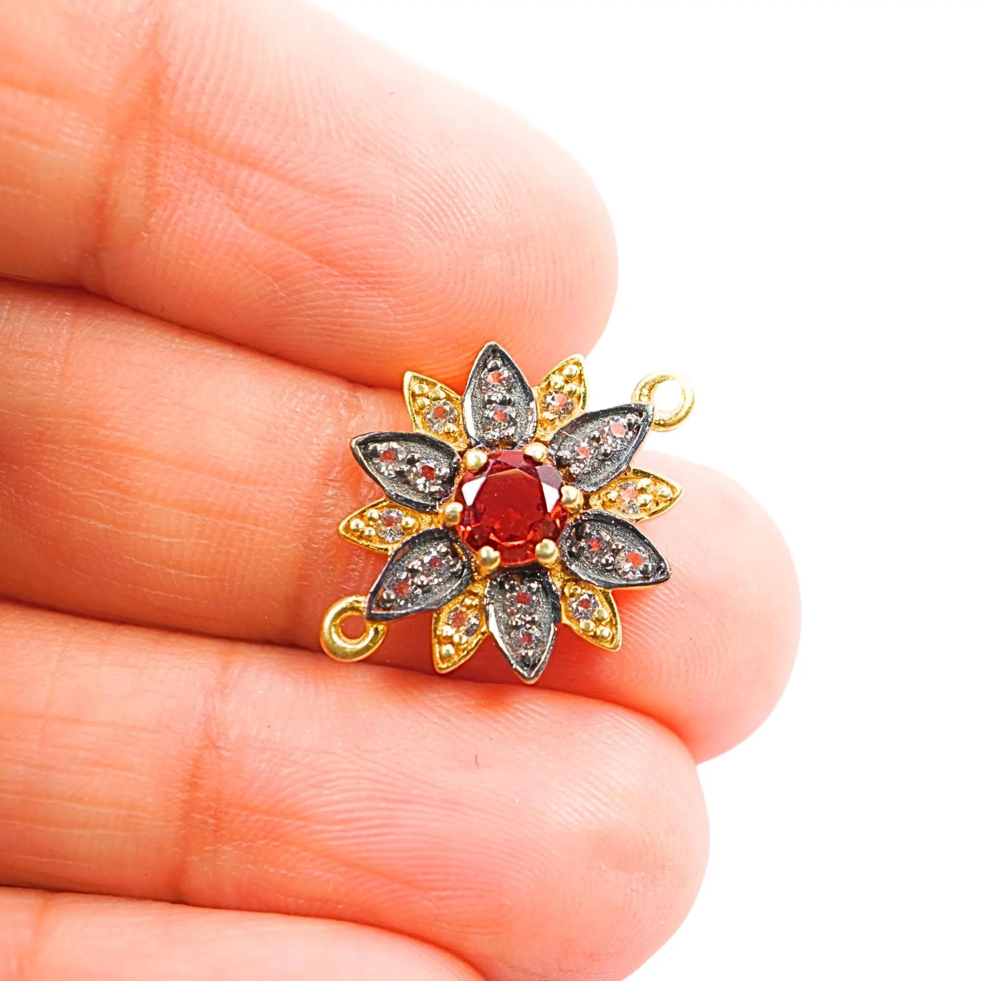 CZ Micro Pave Garnet Flower Gemstone Sterling Silver Gold Plated Charm Connector