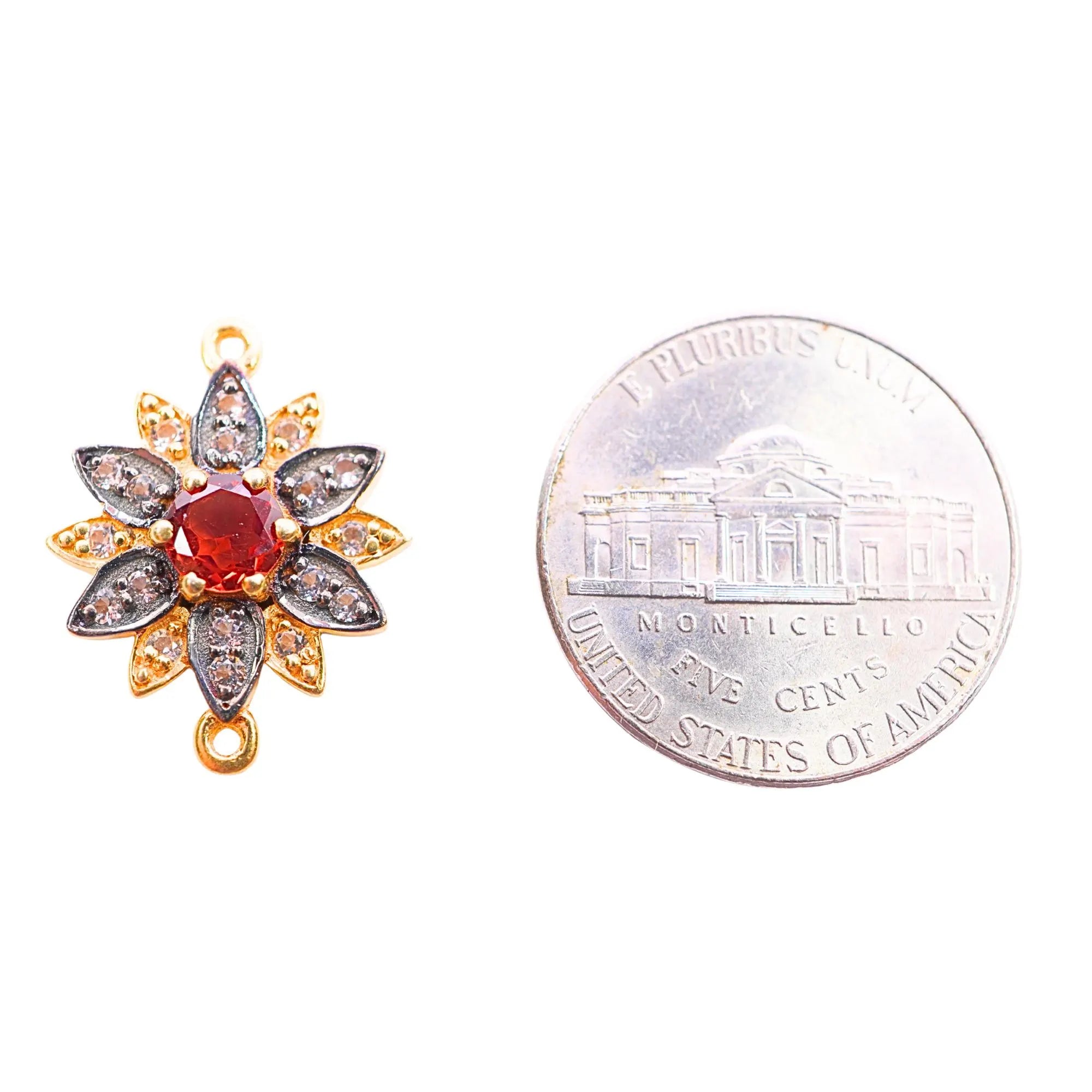 CZ Micro Pave Garnet Flower Gemstone Sterling Silver Gold Plated Charm Connector