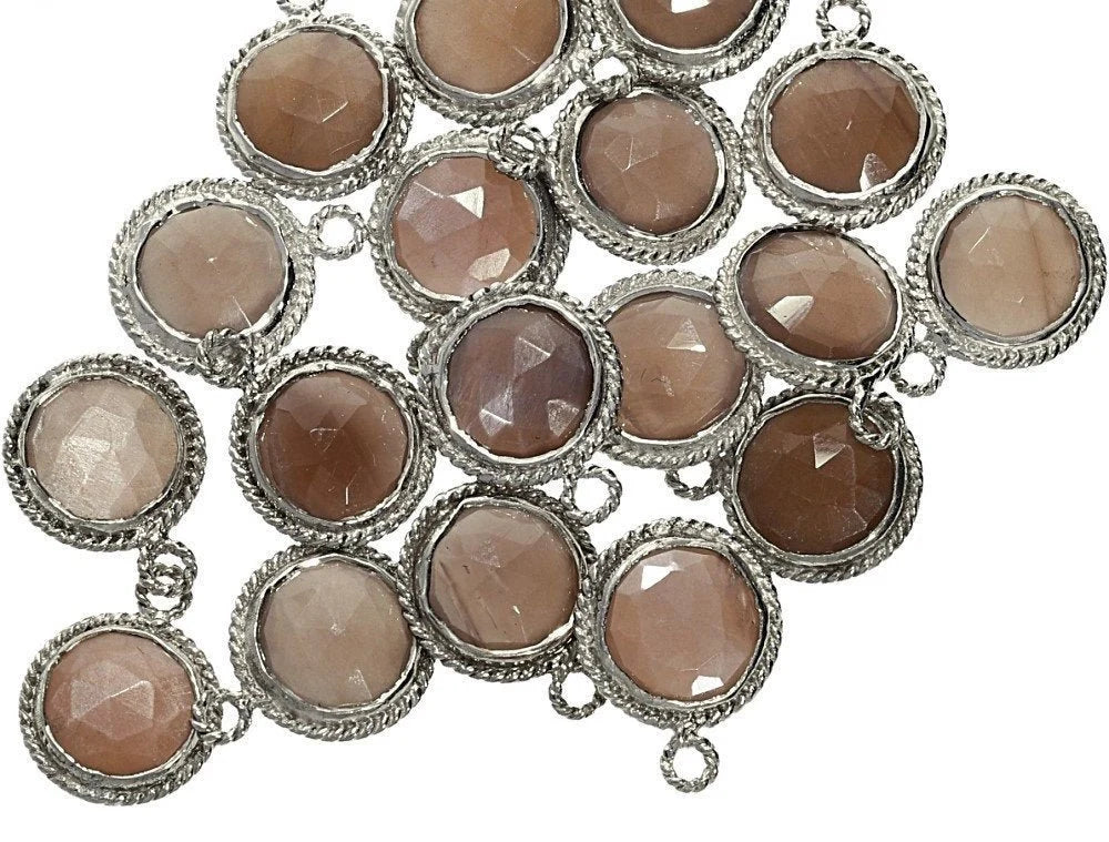 Chocolate Moonstone Coin Shape Gemstone Twisted Wire Bezel Charm Pendant 