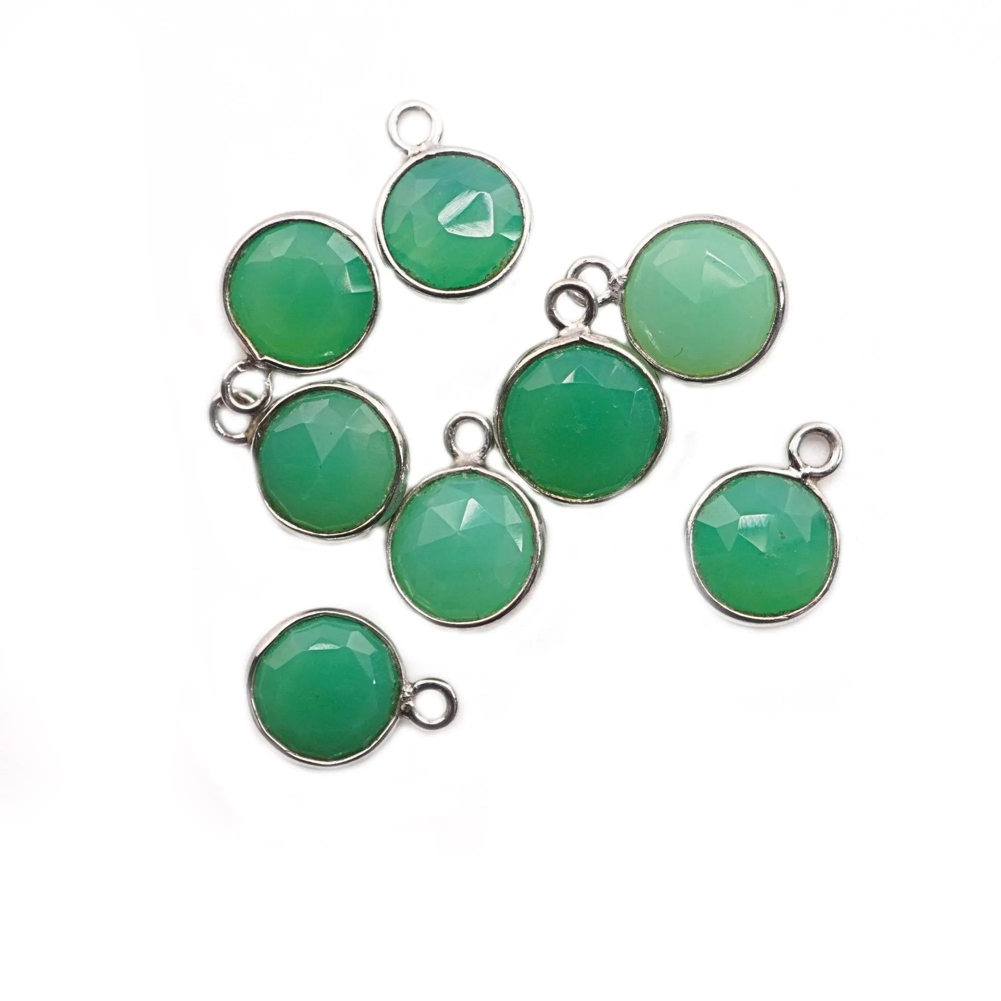 Chrysoprase Chalcedony Coin Shape Gemstone Silver Plated Sterling Silver Bezel Charm Connector