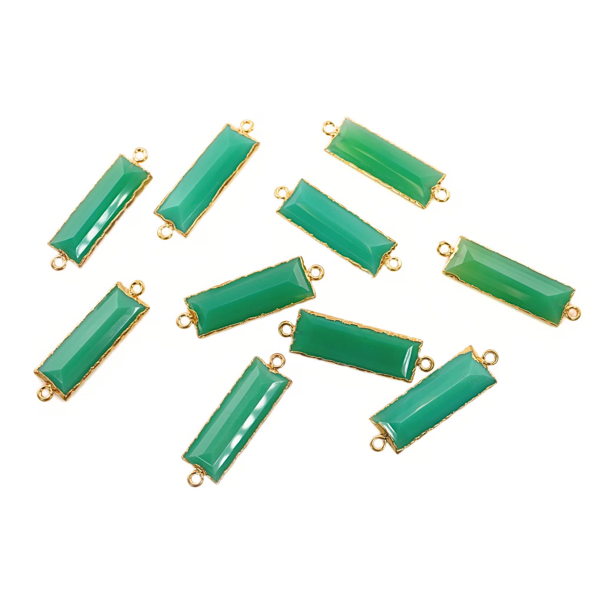 Chrysoprase Chalcedony Rectangle Shape Gemstone Gold Electroplated Bar Charm Connector 