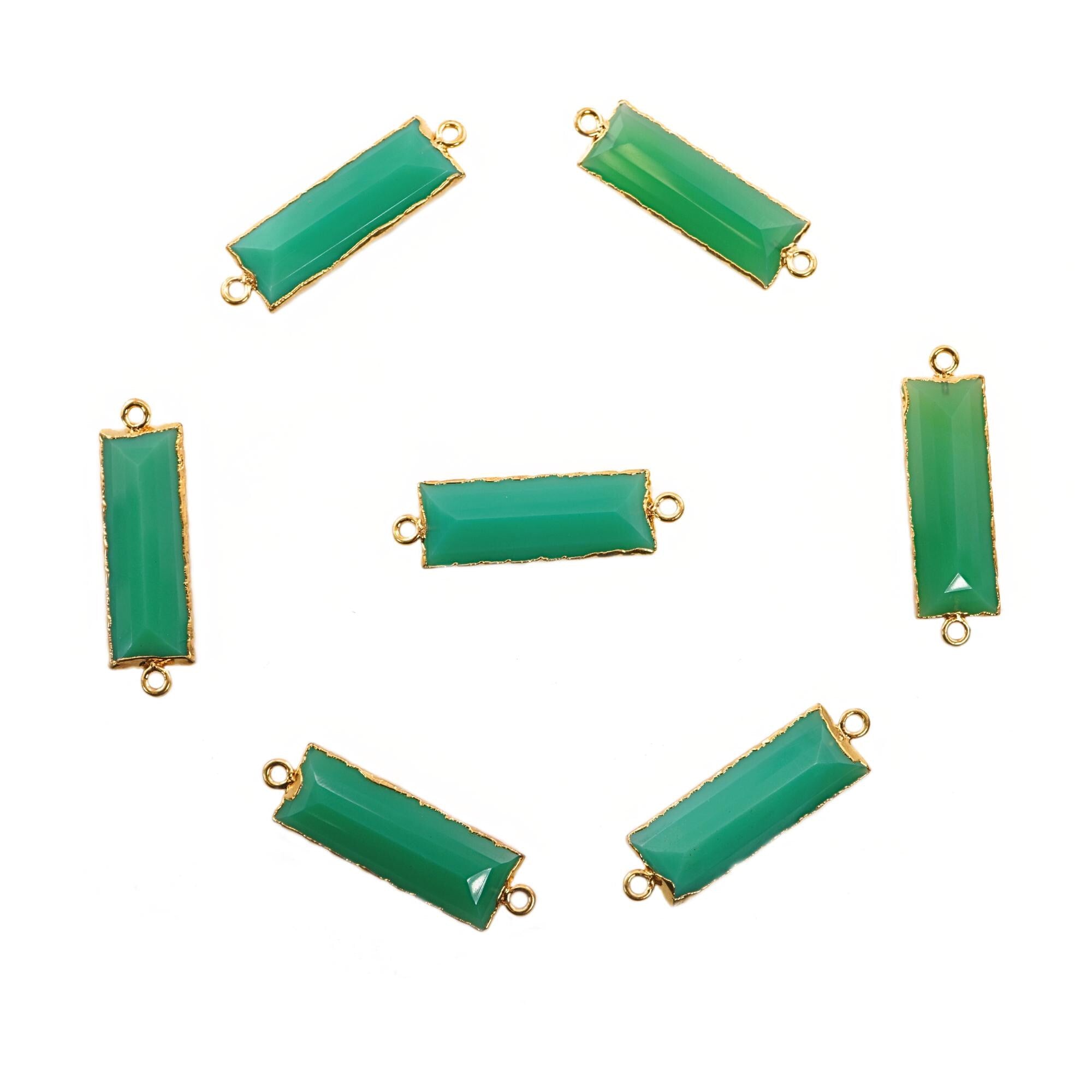 Chrysoprase Chalcedony Rectangle Shape Gemstone Gold Electroplated Bar Charm Connector 