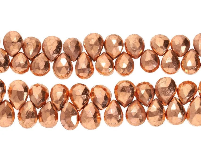 Copper Coated Pyrite Faceted Teardrops Gemstone Strand Beads