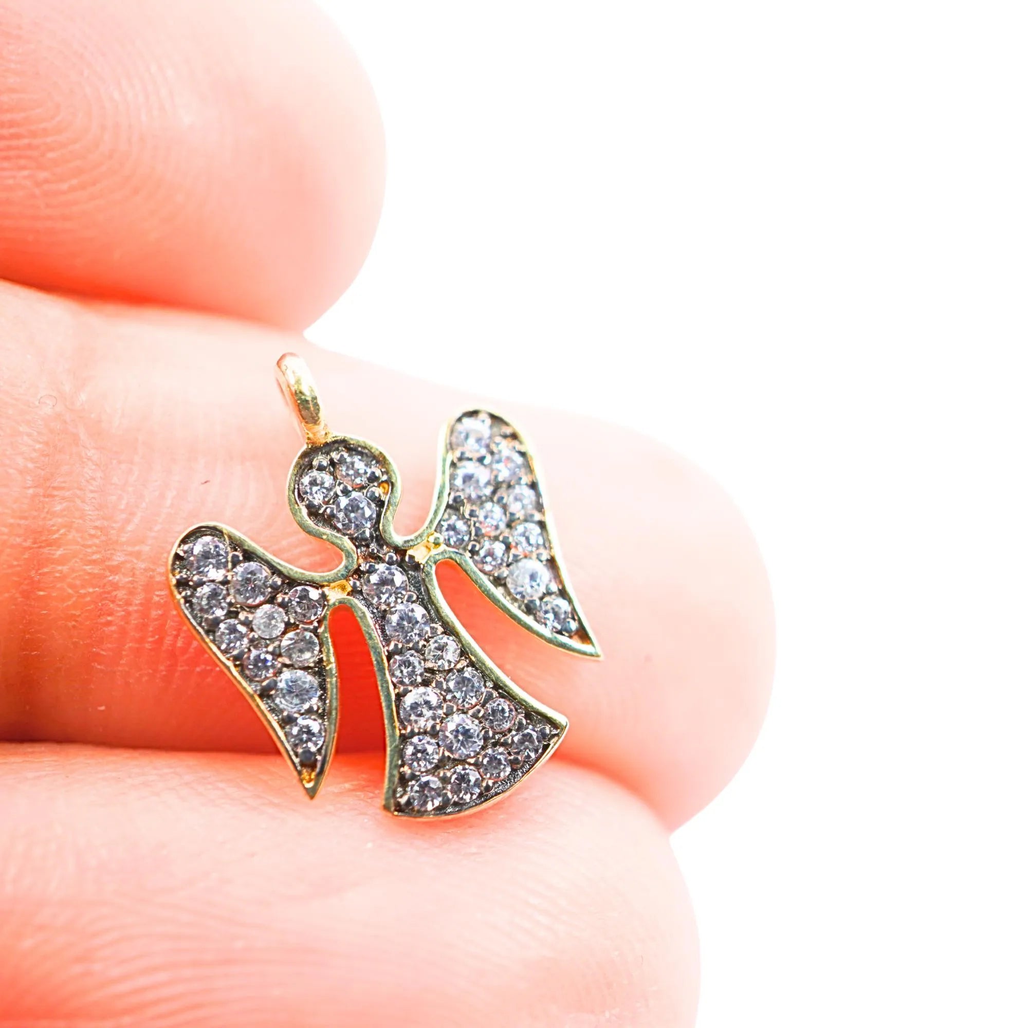 Cubic Zirconia Micro Pave Angel Shape Gold Plated Sterling Silver Charm Pendant 
