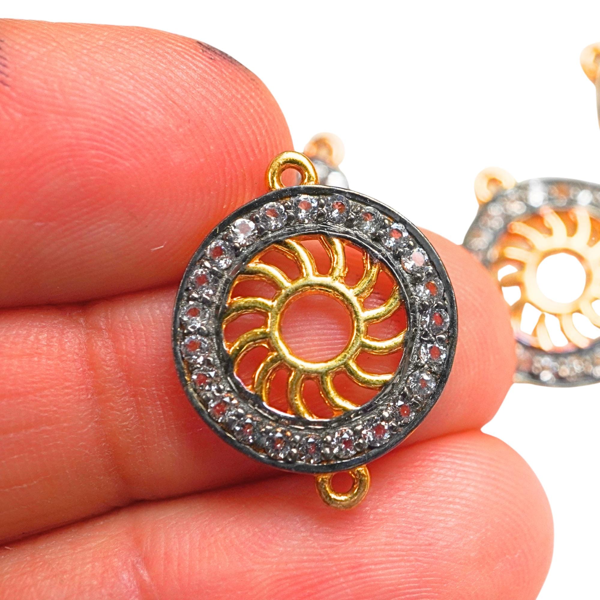 Cubic Zirconia Micro Pave Celestial Sun Sterling Silver Gold Plated Charm Pendant