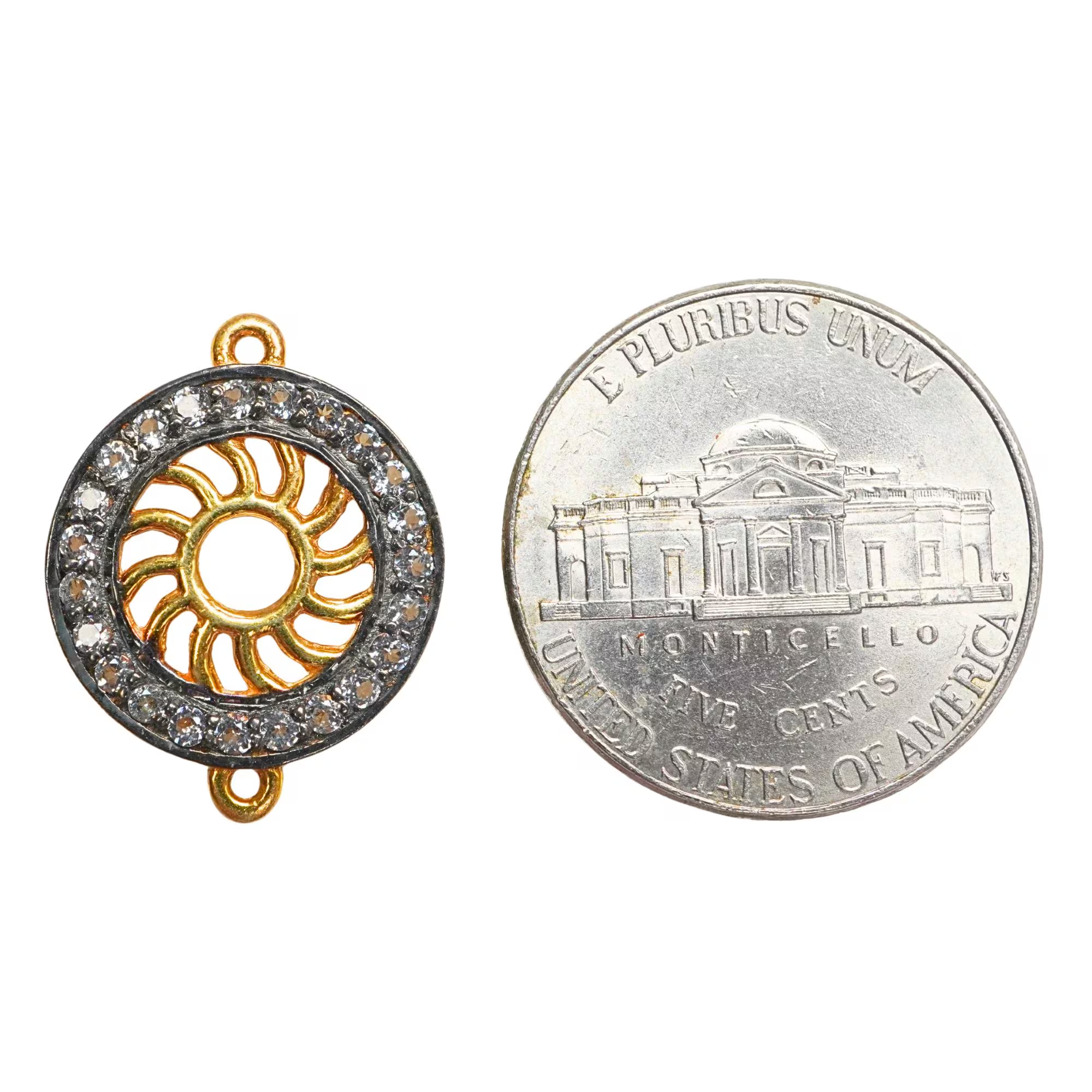 Cubic Zirconia Micro Pave Celestial Sun Sterling Silver Gold Plated Charm Pendant