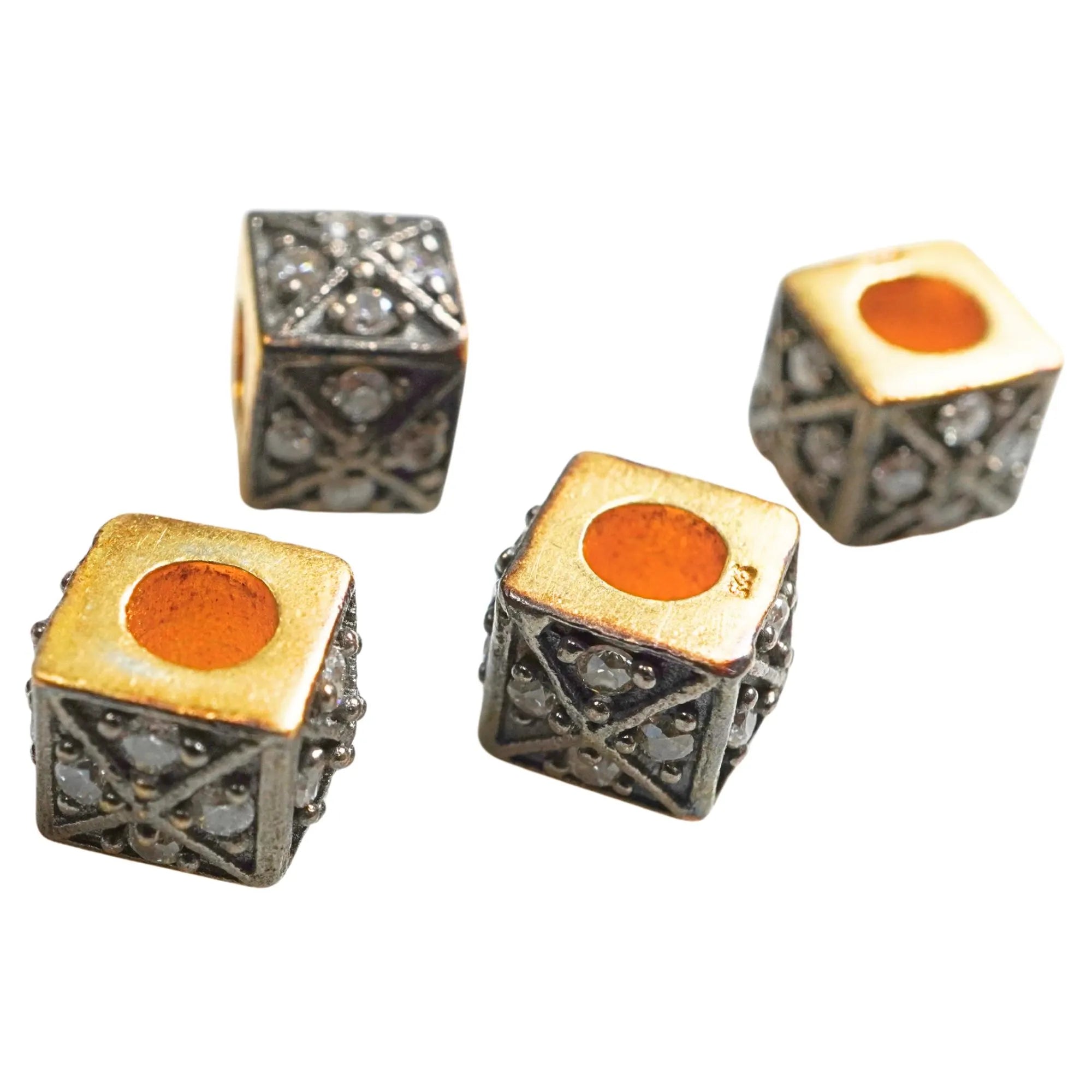 Cubic Zirconia Micro Pave Cube Gold Plated Sterling Silver Antique Spacer Bead