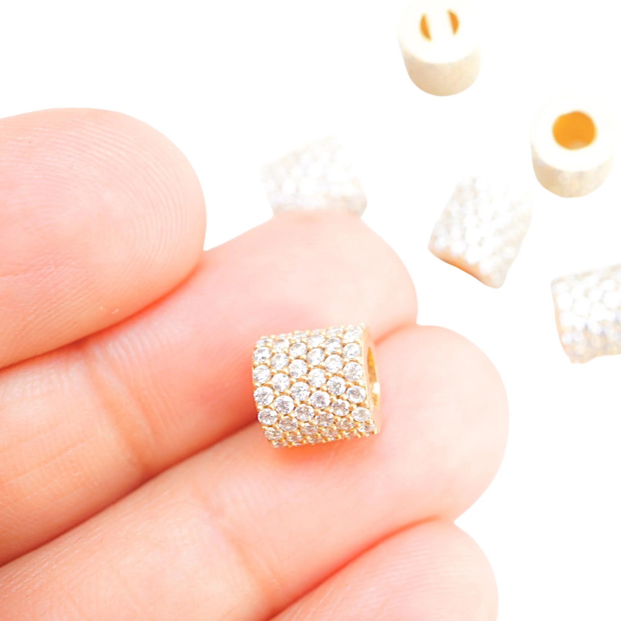 Cubic Zirconia Micro Pave Cube Gold Plated Sterling Silver Antique Spacer Bead