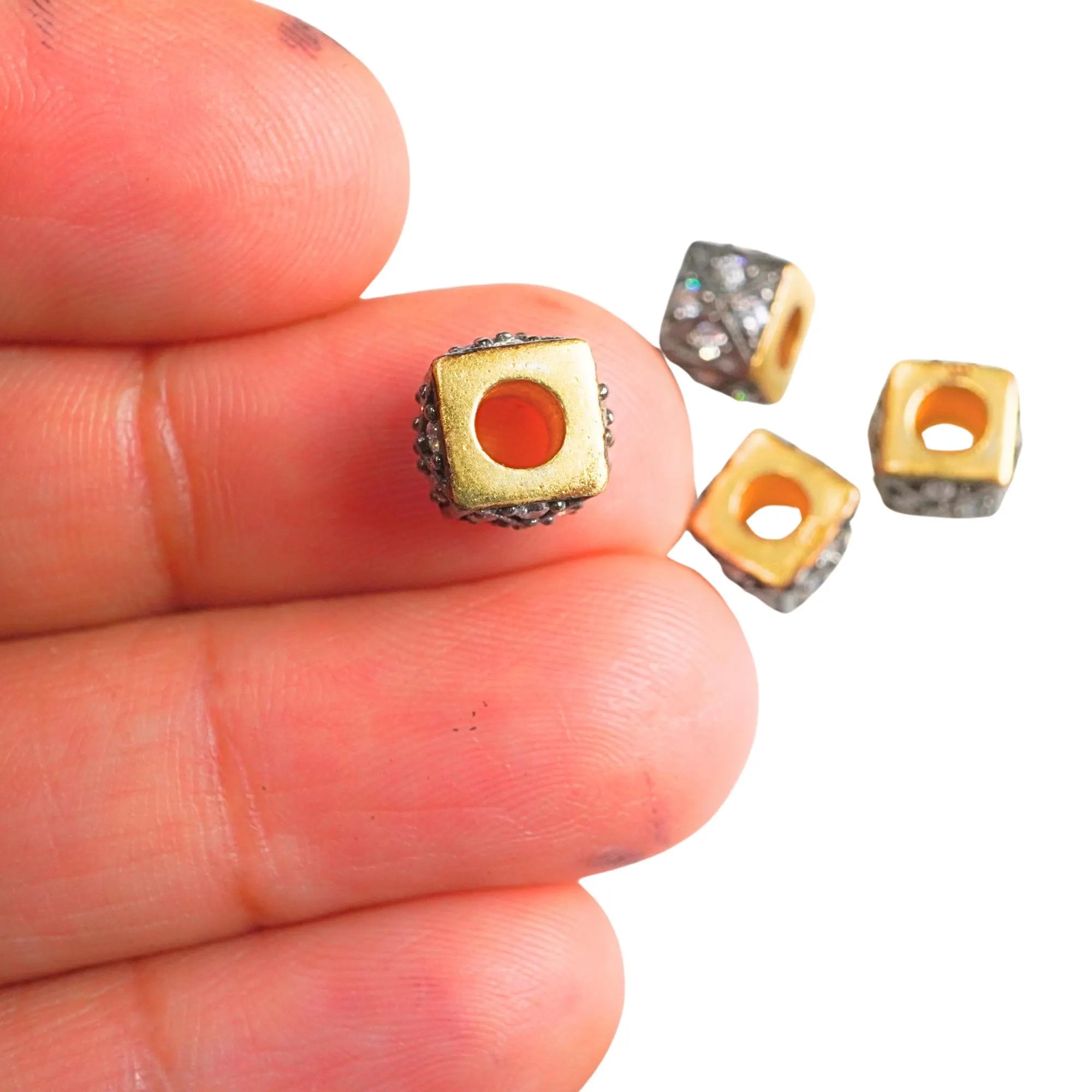 Cubic Zirconia Micro Pave Cube Gold Plated Sterling Silver Antique Spacer Bead